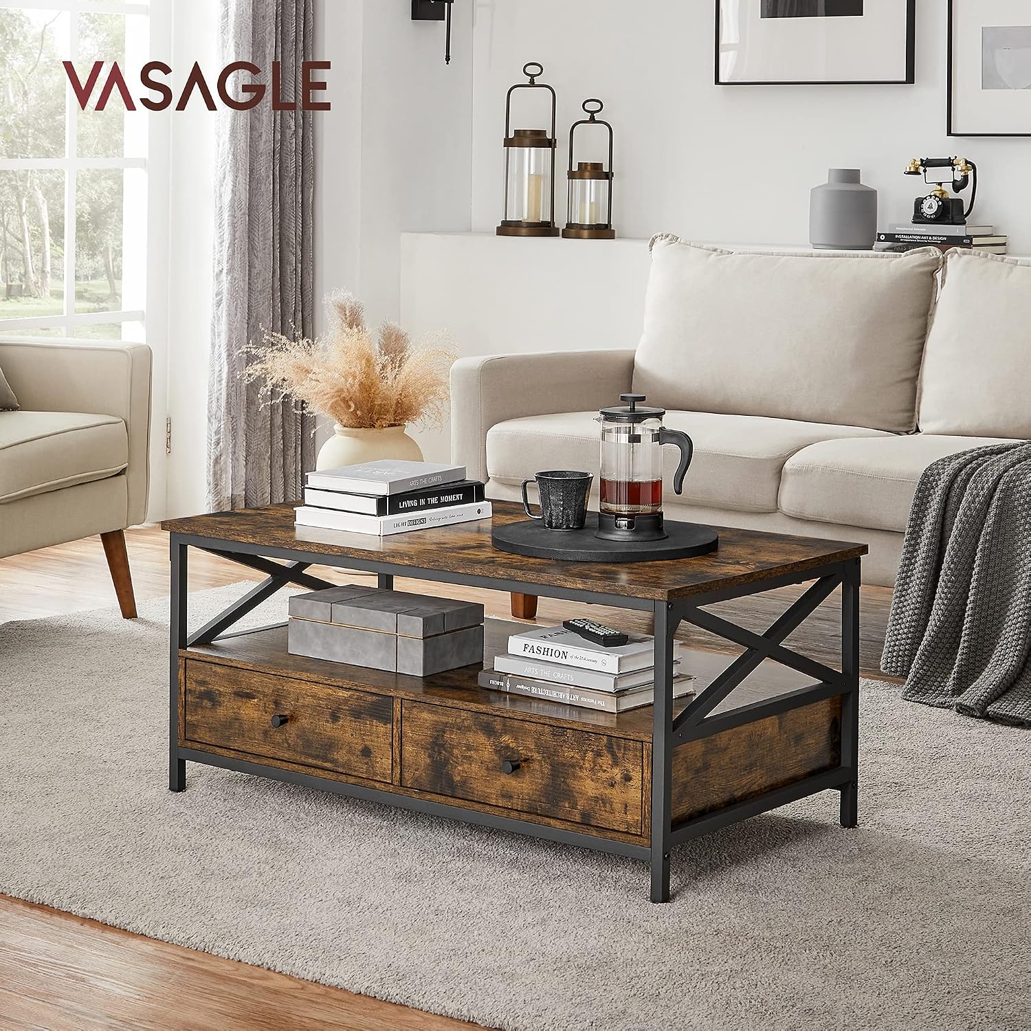 Detalle de VASAGLE LCT201B01 Coffee Table, 2 Drawers, Steel X-Frame, Rustic Brown and Black