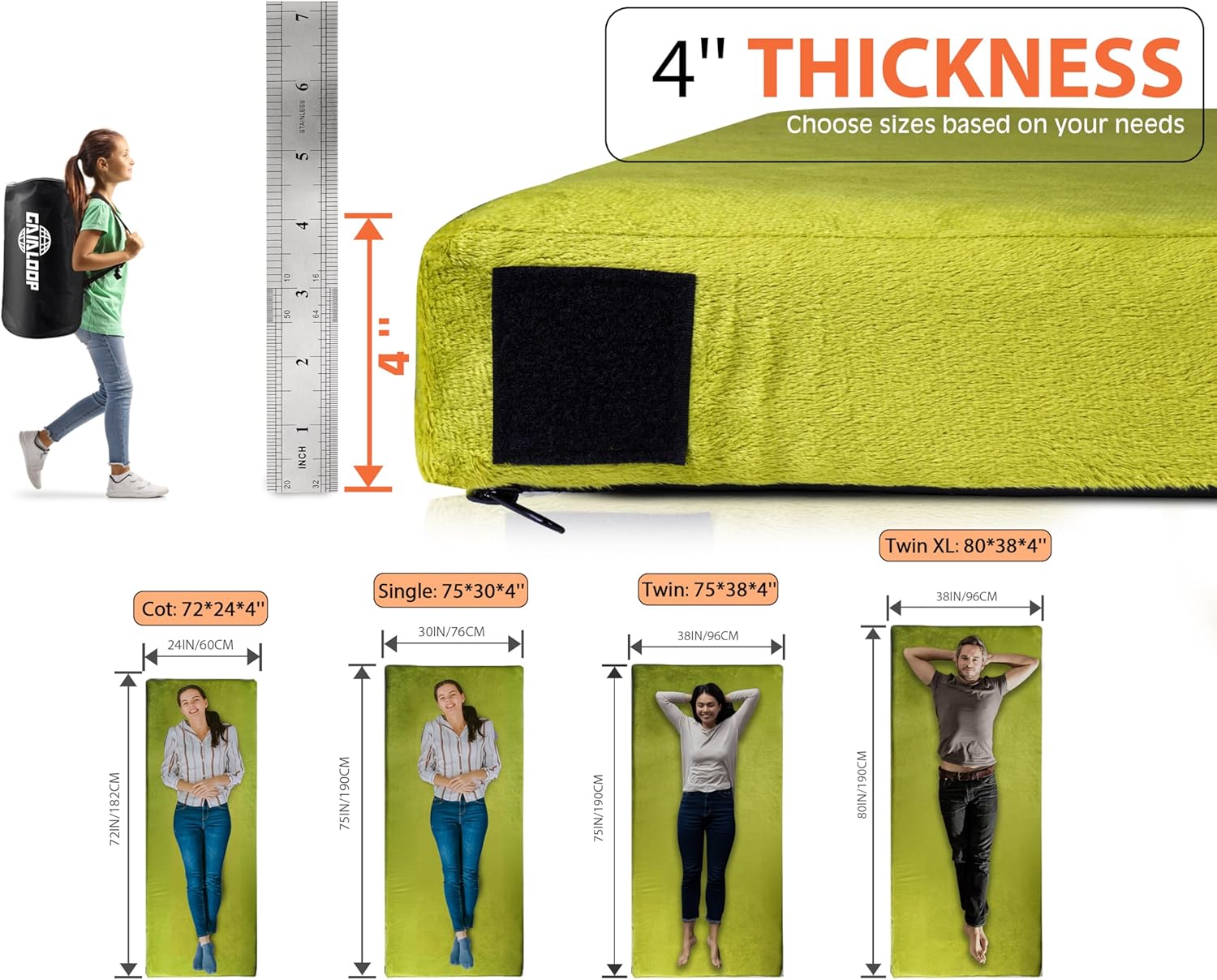 Detalle de GAIALOOP 4-Inch Memory Foam Camping Mattress — Extra Thick Comfort for Campers and Guests