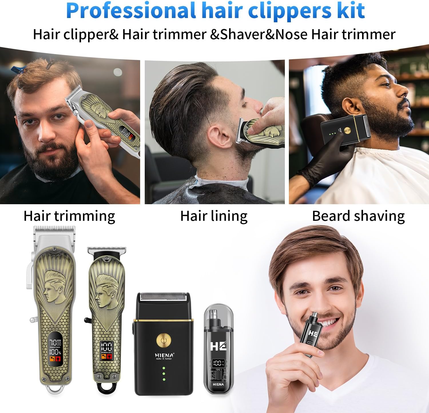 Detalle 2 de HIENA PRO Professional Hair Clippers Cordless LED Haircut Set (Clipper, Trimmer, Foil Shaver, Nose Trimmer)