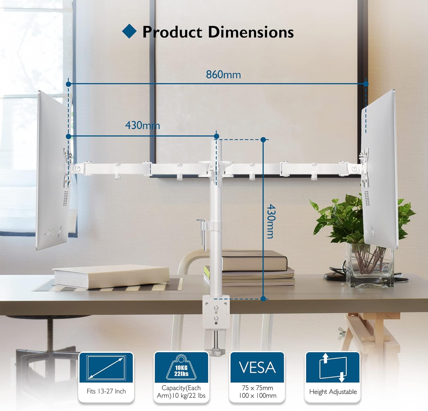 Thumbnail 4 de BONTEC Monitor-Halterung 2 Monitore für 13–27 Zoll (Stahl, Doppelarm, höhenverstellbar) – VESA 75/100, 10 kg pro Arm, weiß