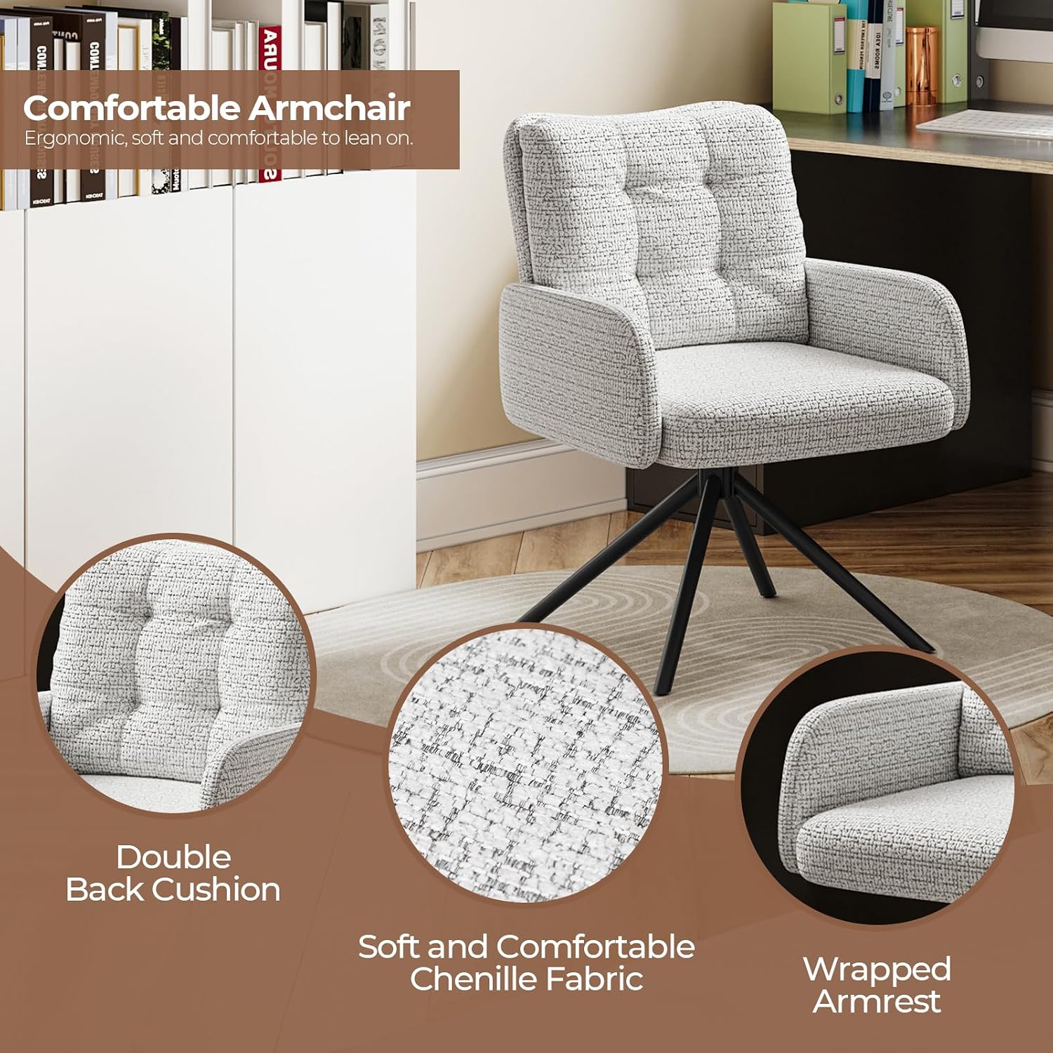 Detalle de Luxstein HM044146 Swivel Tub Chair with Double Backrest and Metal Frame