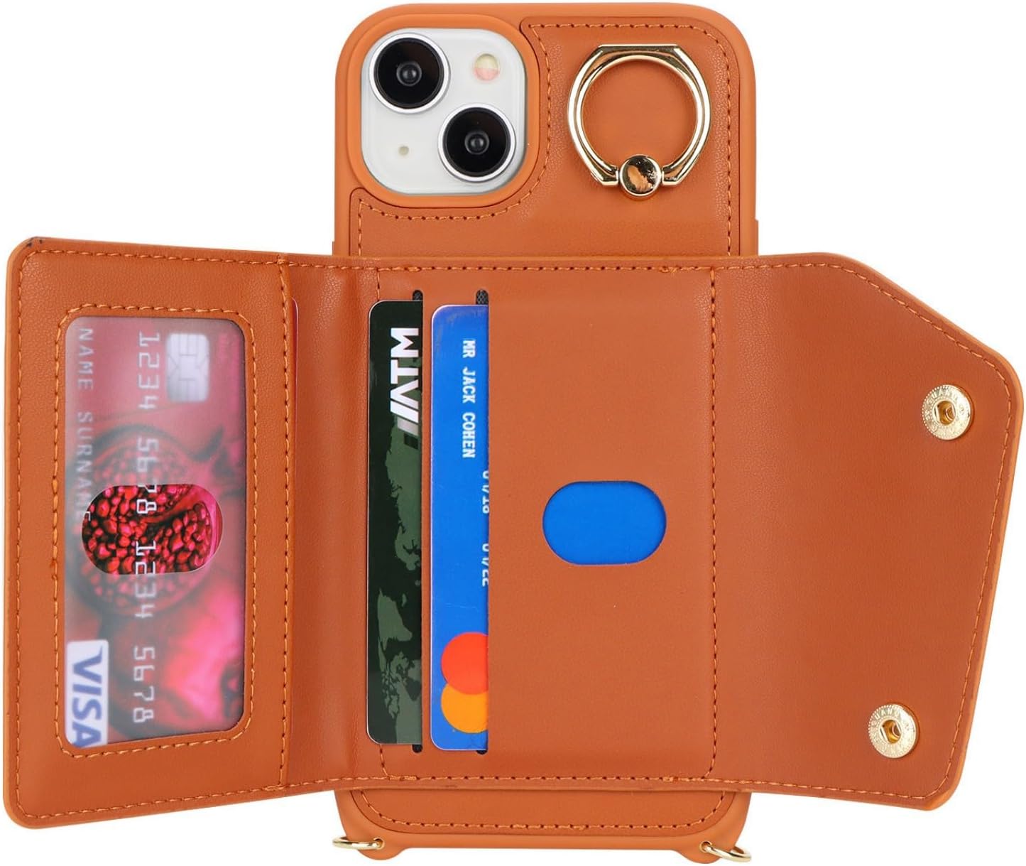 Detalle de Zouzt iPhone 15 Plus Case with Card Holder, Zipper Wallet & Strap – PU Leather Brown