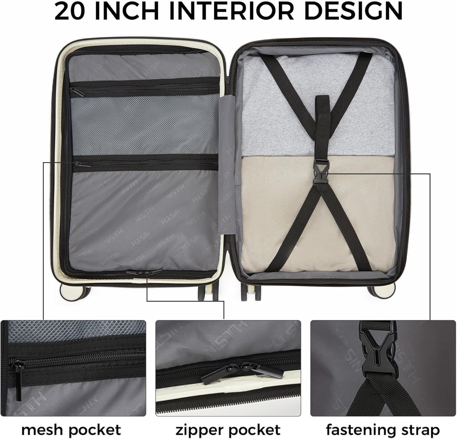 Thumbnail 3 de Hulsin 20-Inch Expandable Carry-On Luggage (White): Lightweight Hardside Spinner with TSA Lock