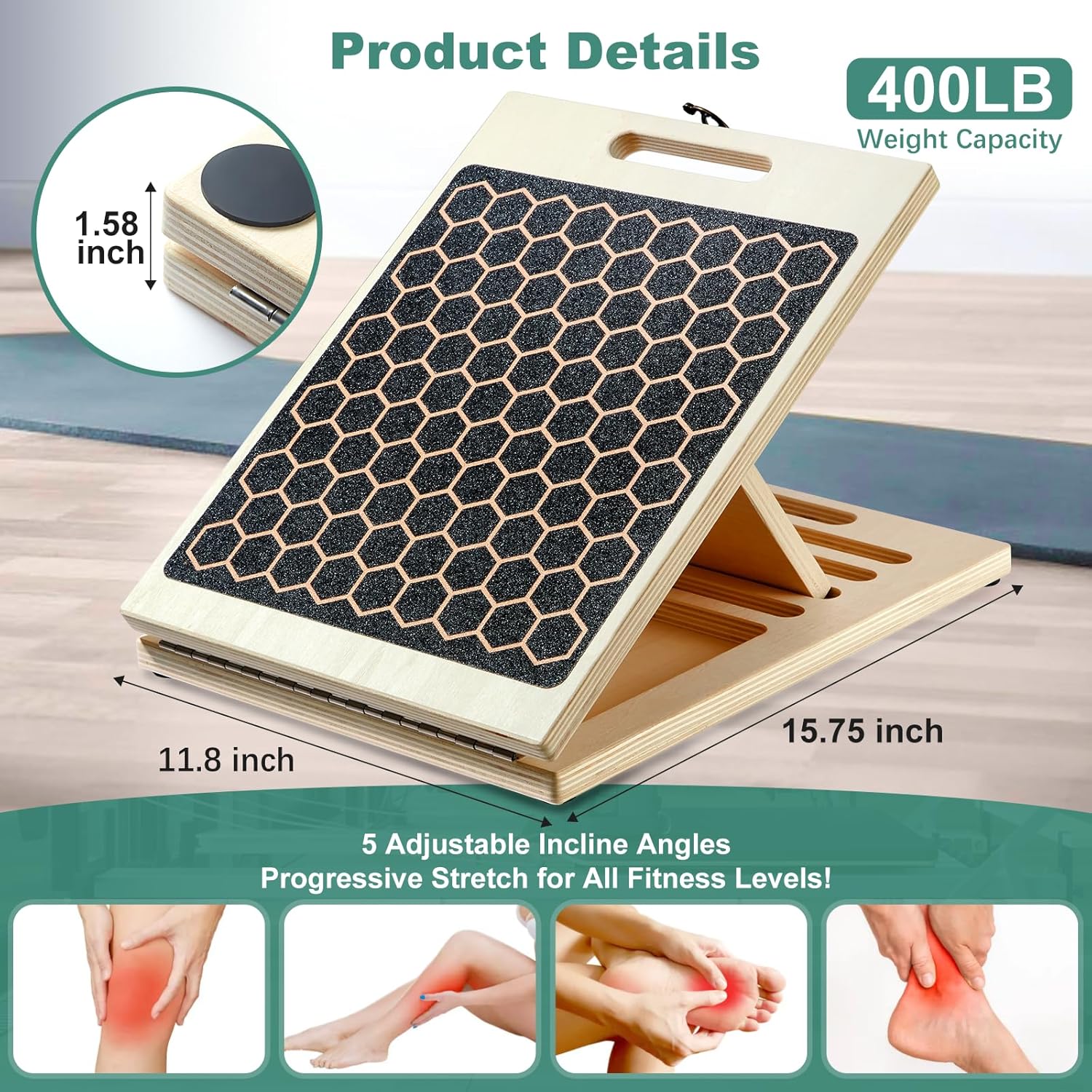Detalle de Slant Board for Calf Stretching with 2 Resistance Bands and Training Poster (11-Layer Hardwood Stretch Board)