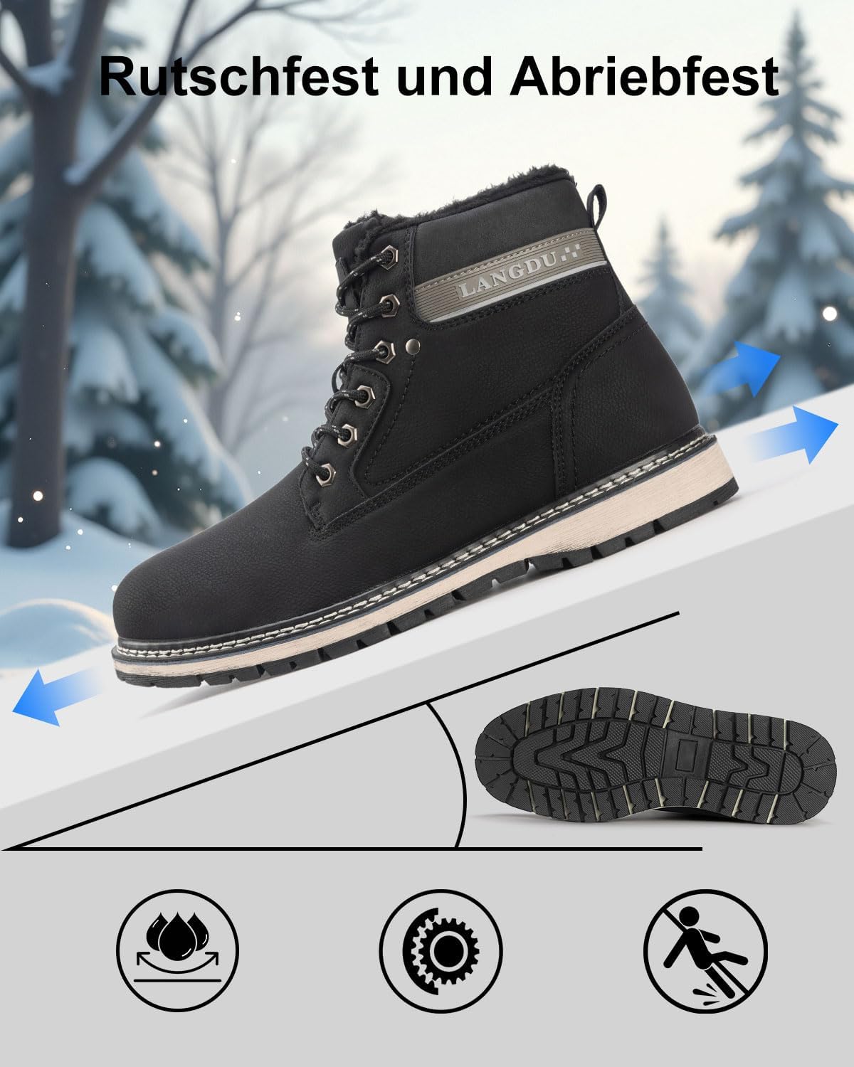 Detalle de LANGDU bottes homme d’hiver en cuir synthétique fourrées (41 à 46) : chaudes et antidérapantes