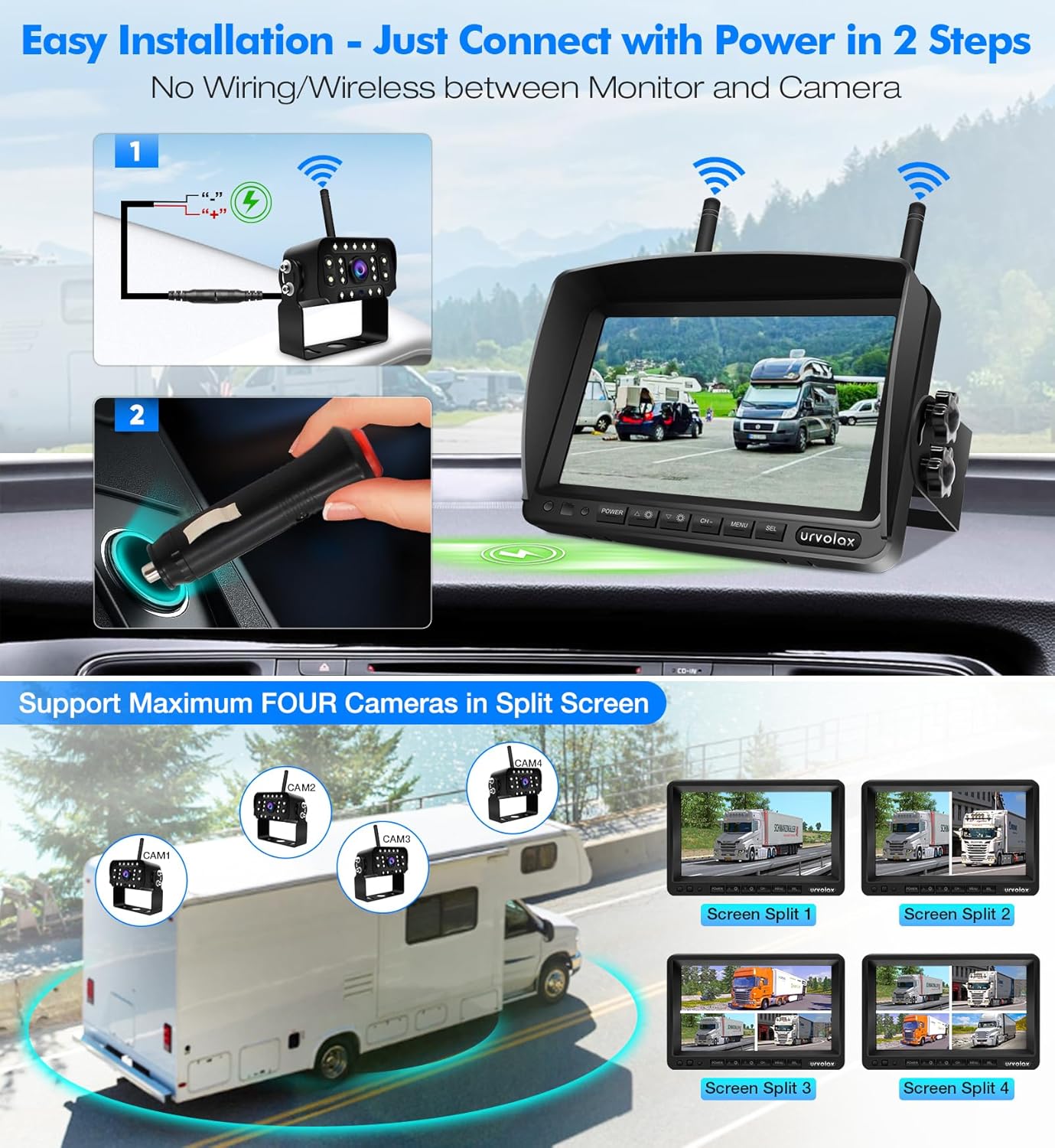 Thumbnail 5 de URVOLAX Retrocamera wireless con rilevamento AI e allarme acustico, monitor 7” FHD 1080P