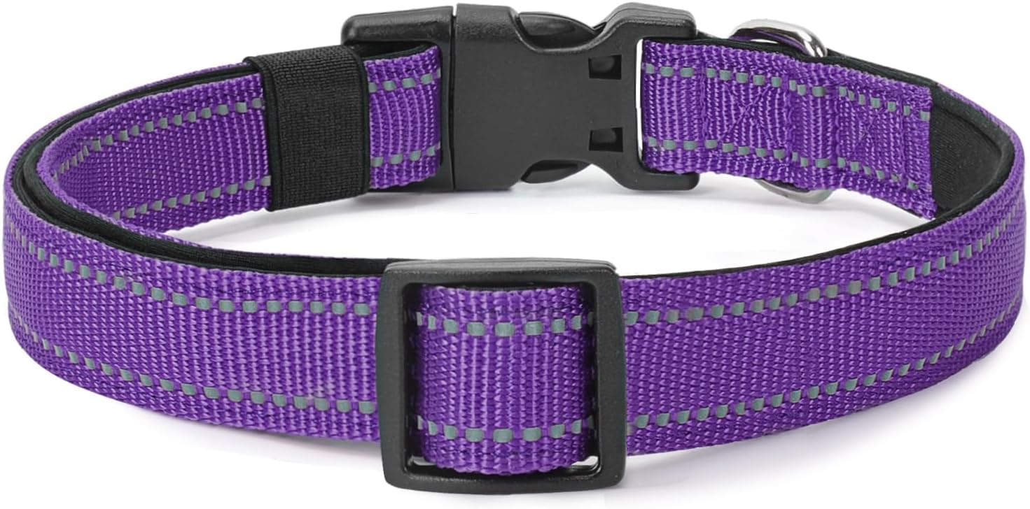 Detalle 2 de penseepet Purple Reflective Dog Collar, Large Adjustable Nylon with Neoprene Padding