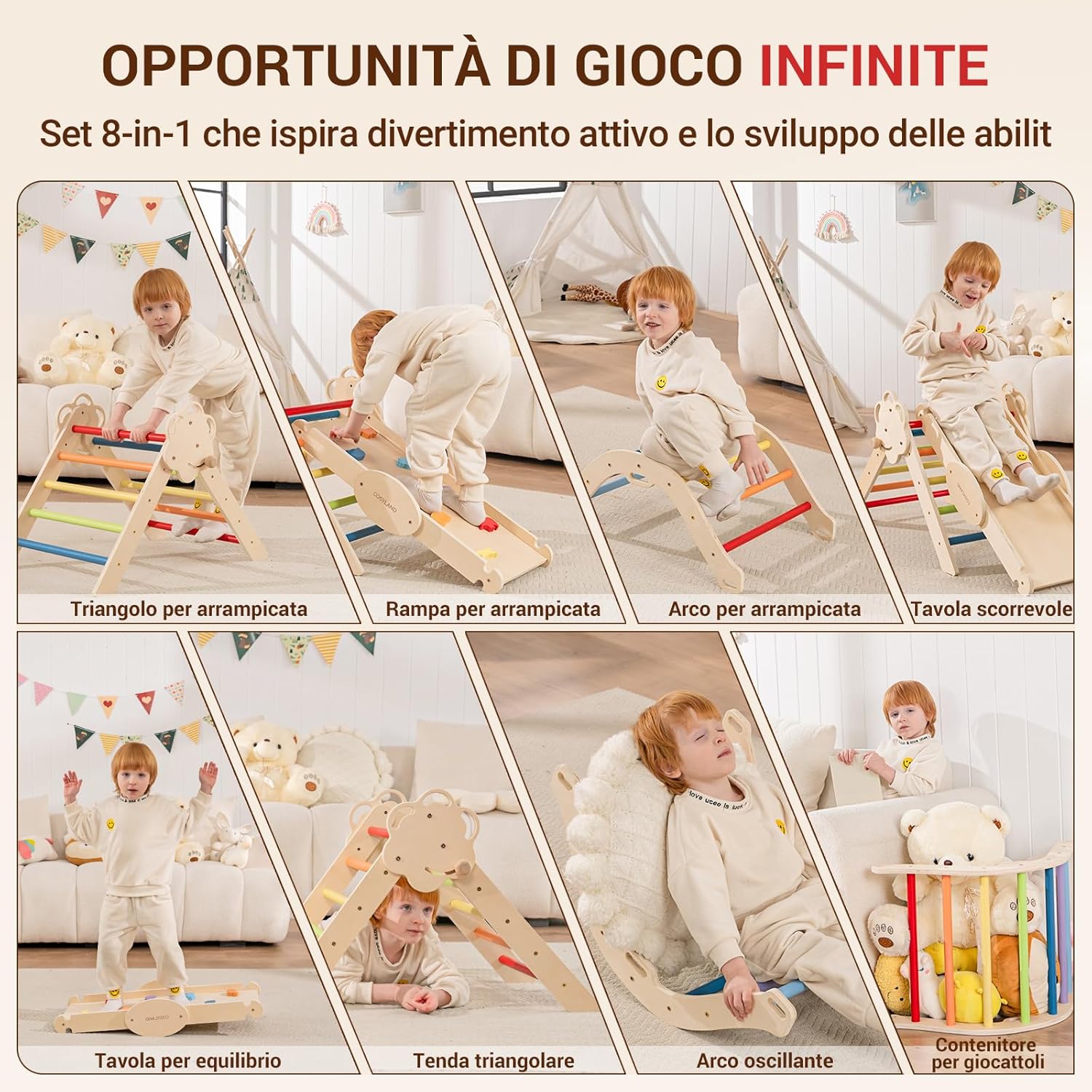 Detalle 2 de COSYLAND Set di Arrampicata 8 in 1 per Bambini – Triangolo Pikler e Arco Montessori Compatti (Arcobaleno Classico)