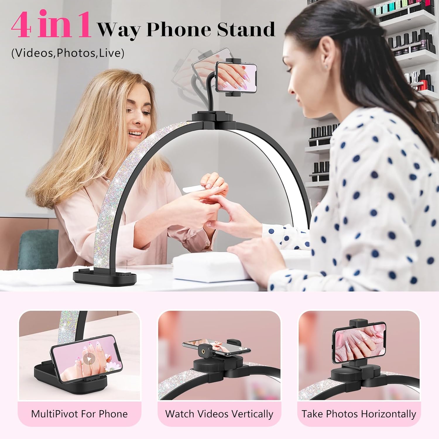 Detalle 2 de Half Moon Light for Nail Desk: 30" Arch Light with Phone Holder, 3 Colour Modes & 10 Brightness Levels