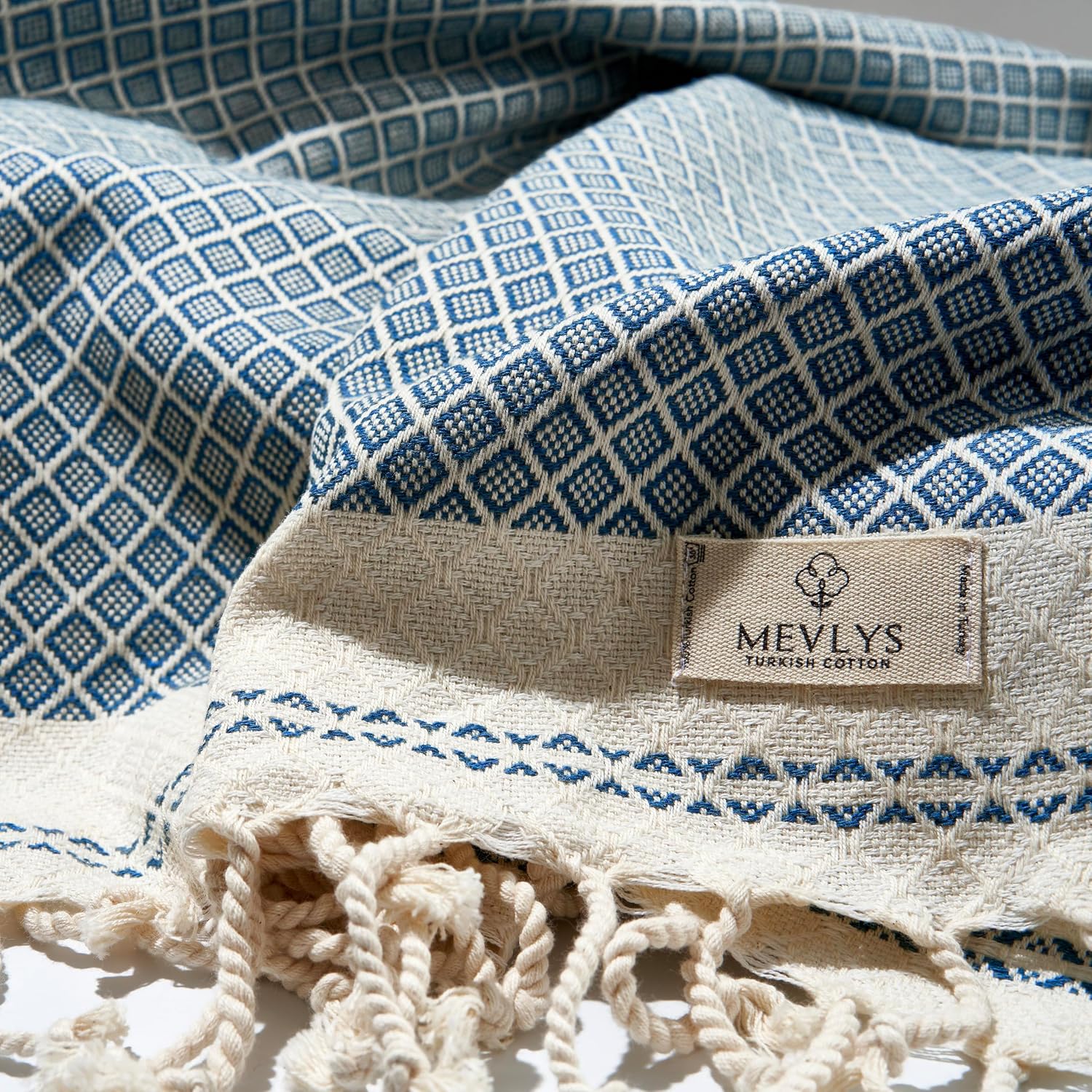 Detalle 2 de MEVLYS Saunatuch Hamamtuch 2er Set – 100x180 cm, Extra Leicht, Baumwolle, Petrol Blau/Pastellbeige