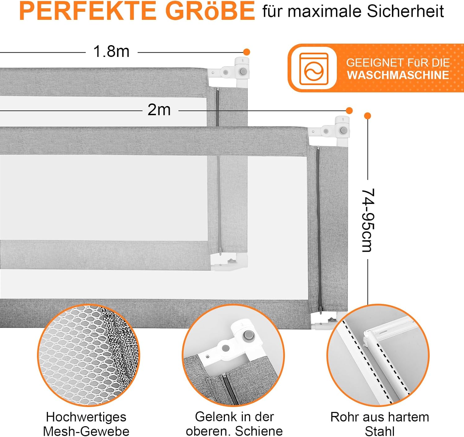 Detalle 2 de Eyeleaf Rausfallschutz Bettgitter Grau 1.8M