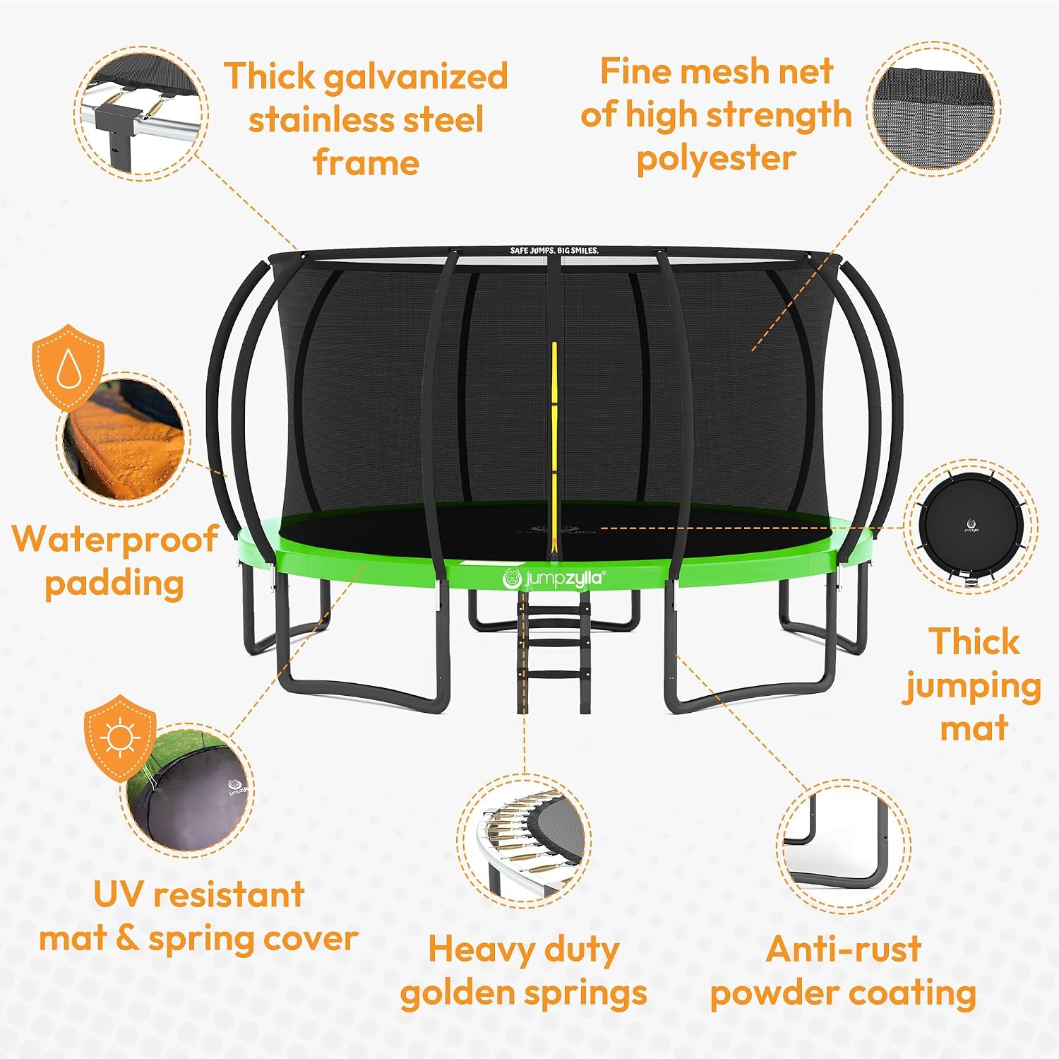Detalle de JUMPZYLLA 16FT Outdoor Trampoline with Net, 90 Springs, Galvanized Steel Frame