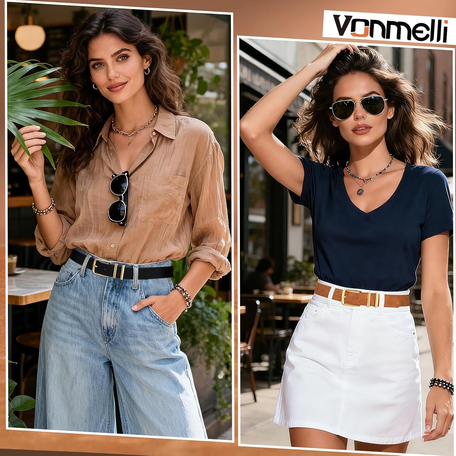 Thumbnail 1 de VONMELLI Damen Gürtel 2er-Set 2,5 cm – schmaler Ledergürtel mit Goldschnalle in Schwarz/Braun