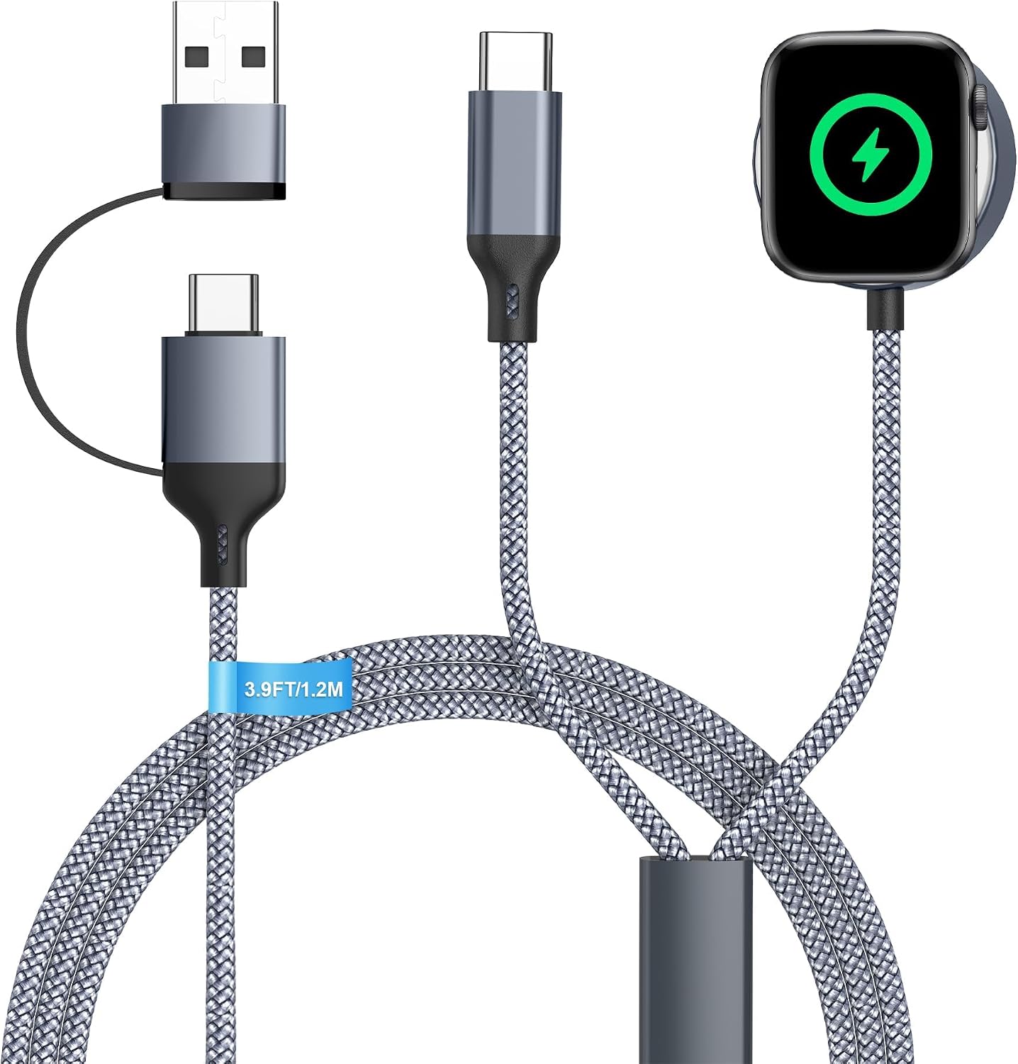 Detalle de 1.2M USB-C iPhone & Watch Charger Cable (Grey) – Dual USB-A & USB-C Input, Nylon Braided, Safe Charging Protection