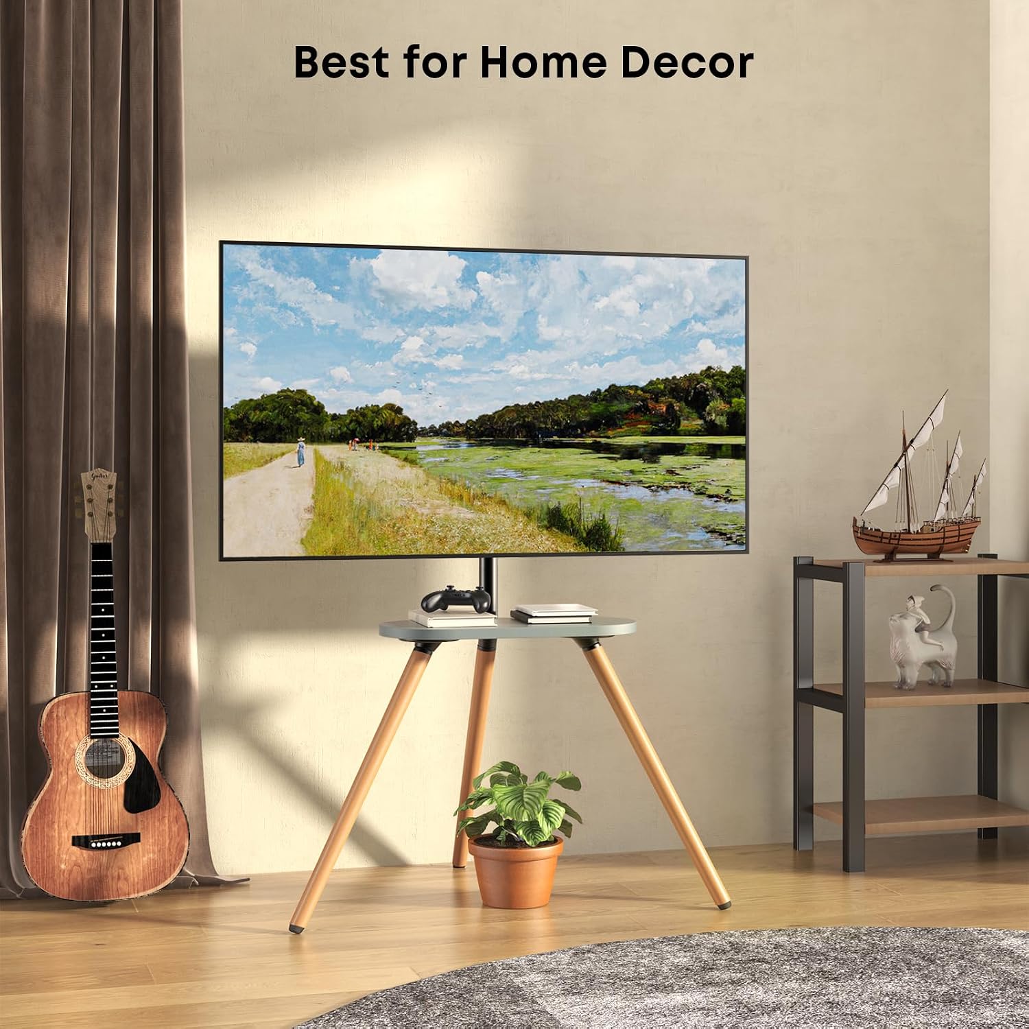 Detalle de PUTORSEN TV Ständer im Staffelei-Design (Dreibein) für 43–65 Zoll, höhenverstellbar, VESA bis 400×400, 35 kg Tragkraft, Schwarz/Nussbaum