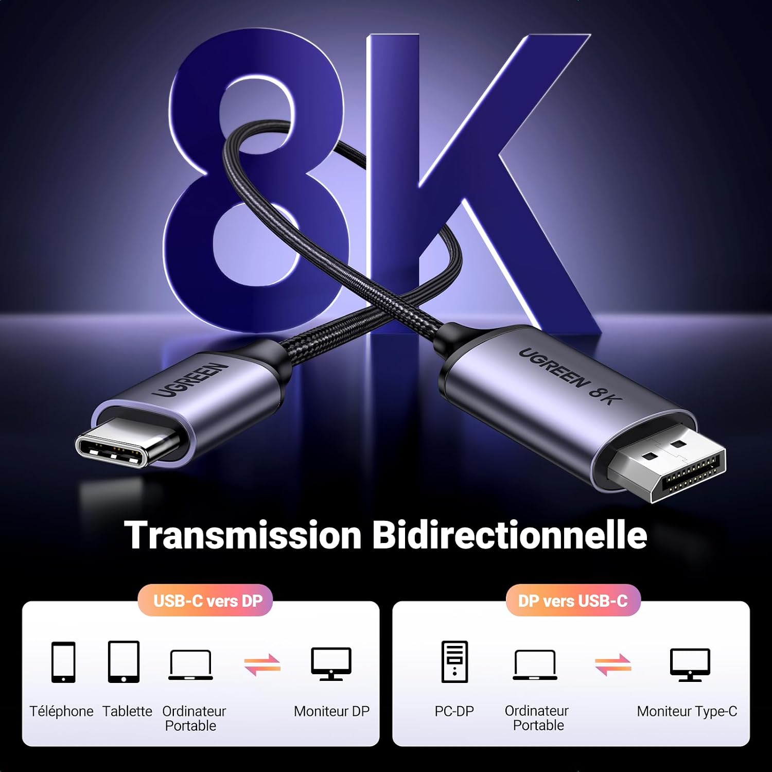 Thumbnail 1 de UGREEN câble USB-C vers DisplayPort bidirectionnel 2 m (DP 1.4) jusqu’à 8K/60 Hz