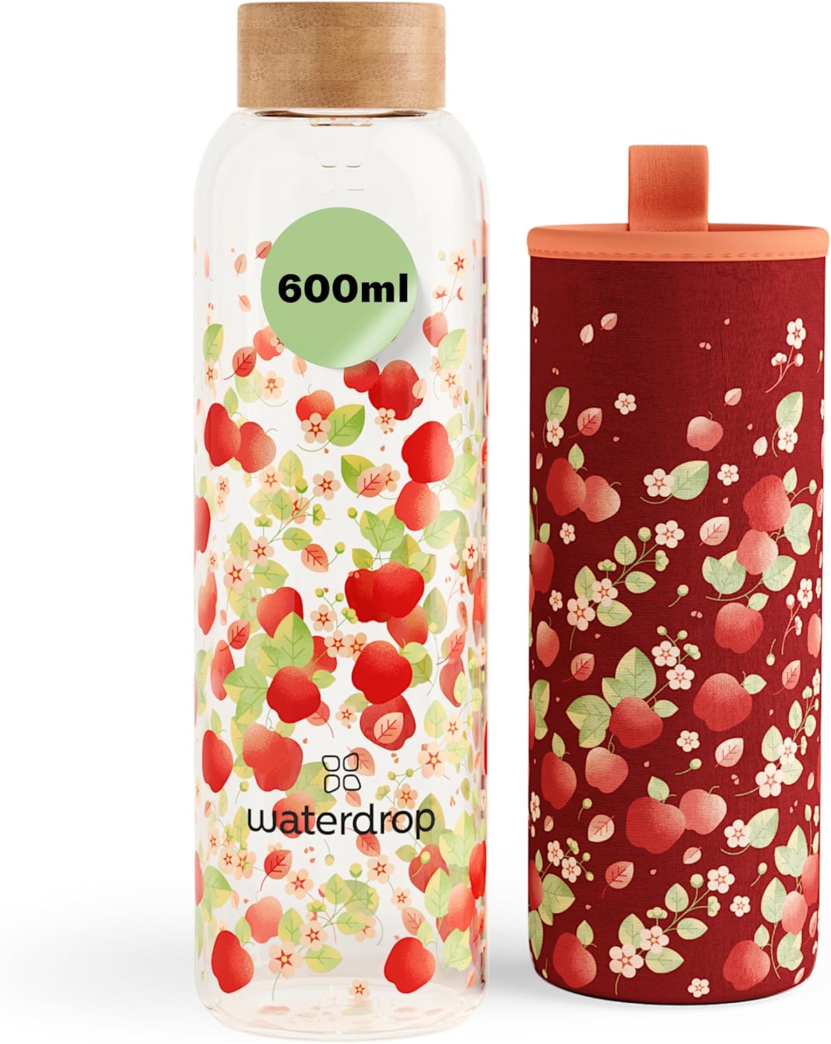 waterdrop Borraccia in Vetro 600ml – Tappo in Bambù e Custodia Neoprene, Antigoccia, Design Personalizzato