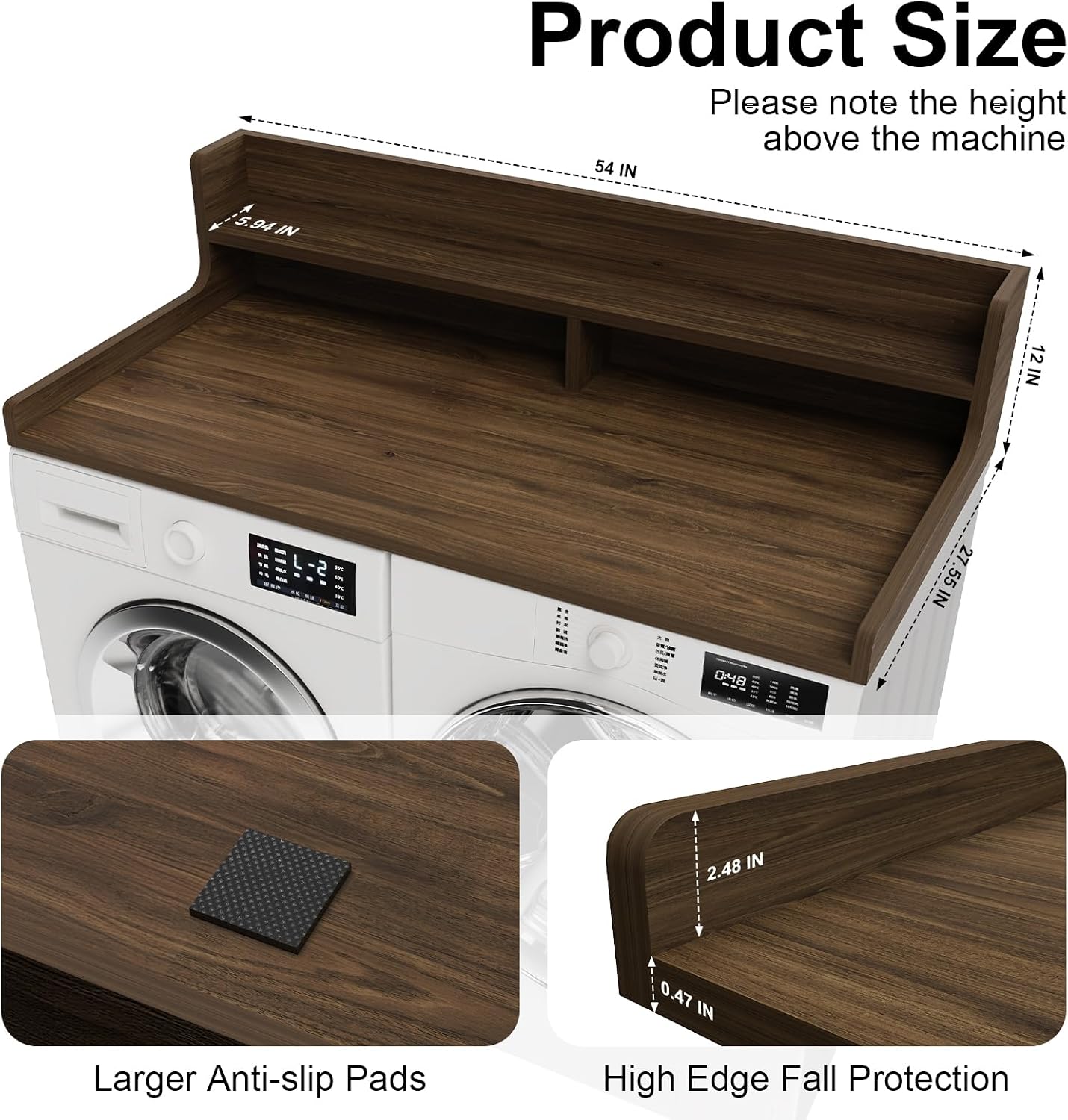 Detalle 2 de FZGhome 2-Tier Washer Dryer Countertop, 137.1 cm x 70 cm, Walnut Brown
