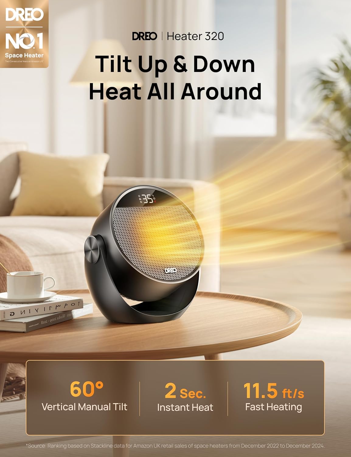 Detalle 2 de Dreo 1500W Portable Electric Heater for Home, 60° Adjustable Tilt, 10.5ft/s Fan Heater with Remote, 8 Safety Protections, 12H Timer, 3 Modes, Silent Small Ceramic Space Heaters for Bedroom, Atom 320
Dreo 1500W Portable Electric Heater for Home,…