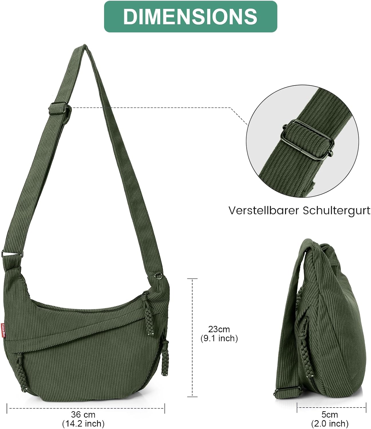 Thumbnail 2 de Captain Blues Umhängetasche Damen – Cord-Crossbody in Halbmond-Form mit Reißverschluss