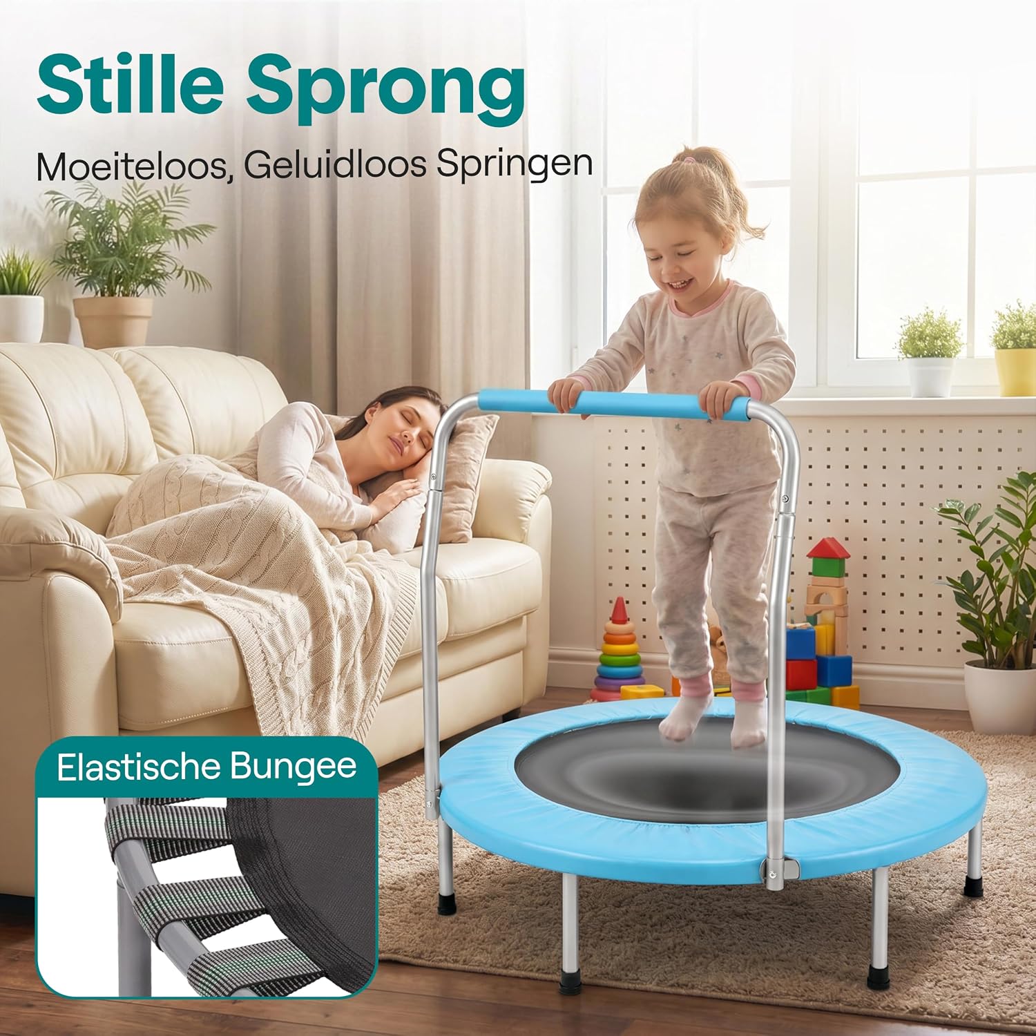 Detalle de SereneLife SLELT367 opvouwbare fitnesstrampoline, rond, met schuimhandgreep