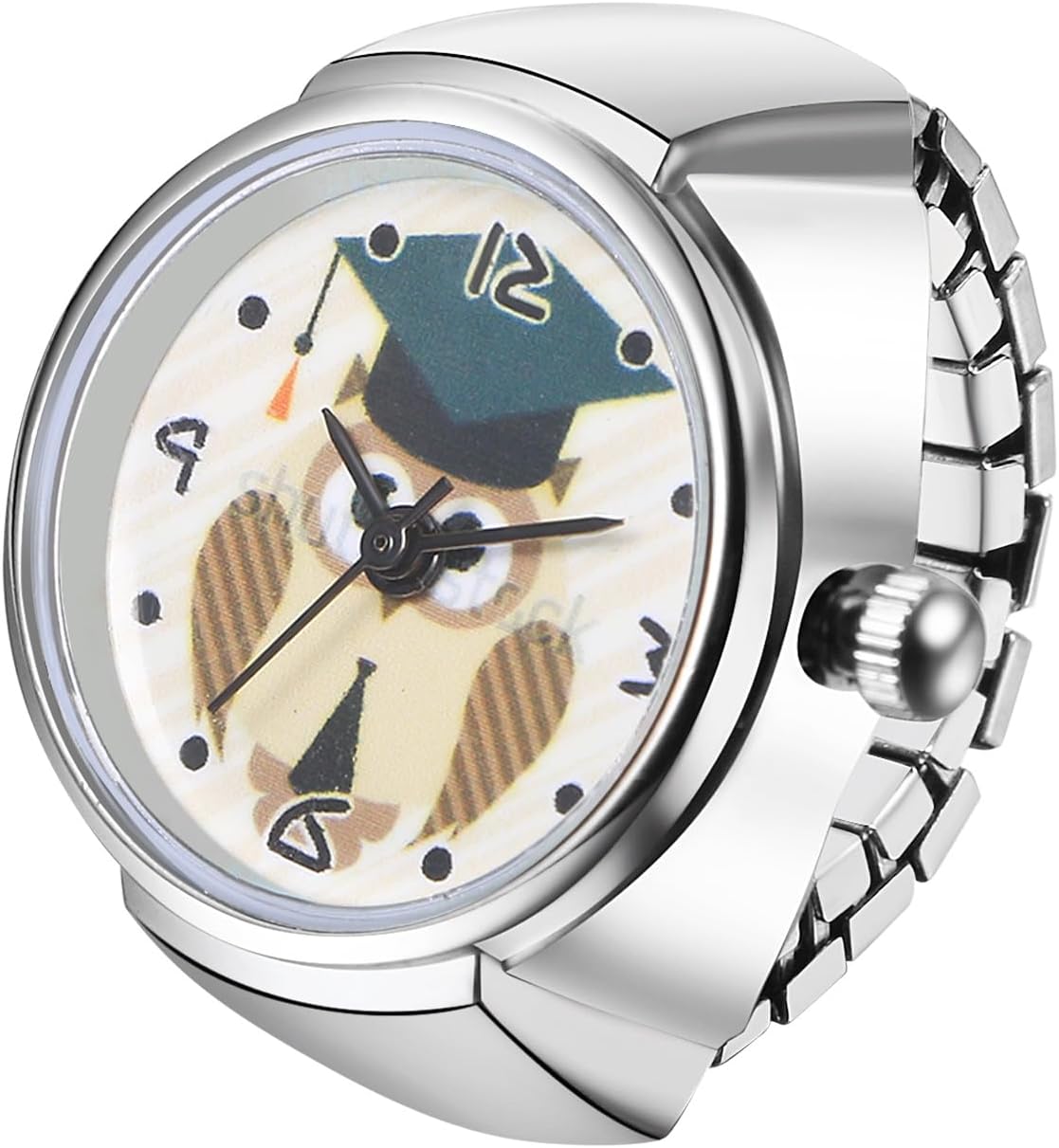 Detalle de JewelryWe Ringuhr Fingeruhr Elastisch Eule – Damen Analog Quarz Fingerringuhr mit Silberg Legierung und elastischem Band