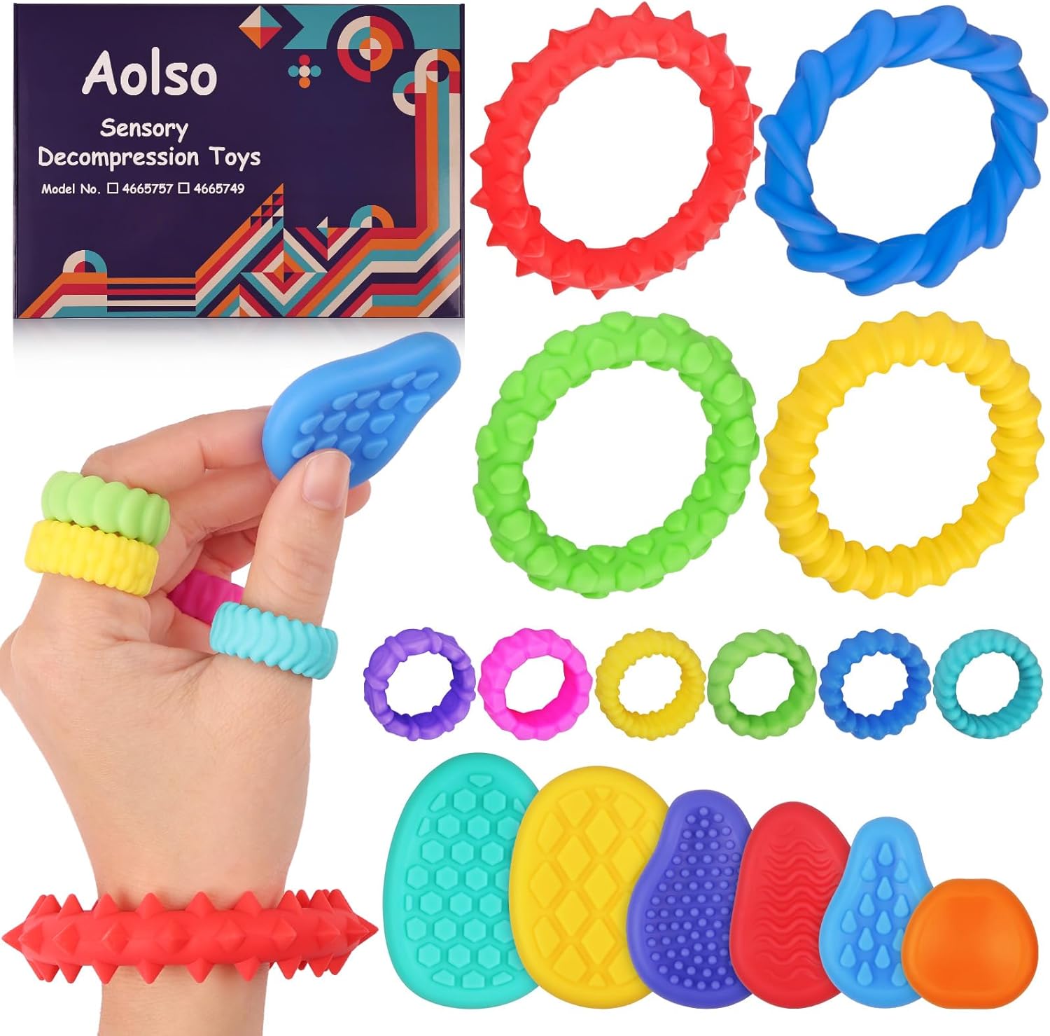 Aolso Fidget Toys: 4 braccialetti elastici, 6 anelli e pietre sensoriali per antistress – set multiuso