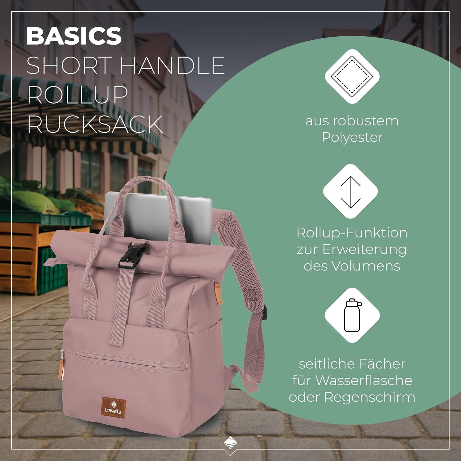 Thumbnail 2 de Travelite Handgepäck Rucksack – Laptop Rucksack 14 Zoll, Basics Short Handle Rollup, Reisepucksack mit Rolltop