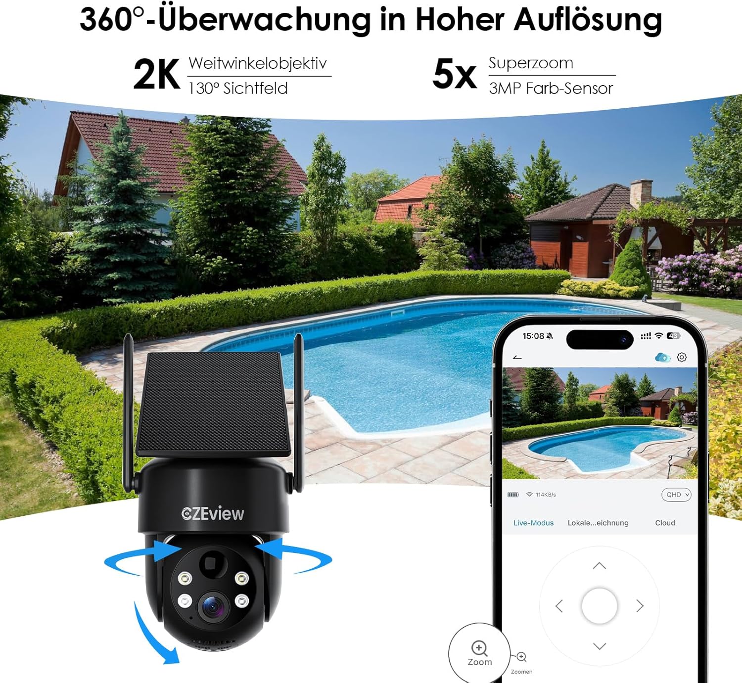 Detalle 2 de CZEview 2K 3MP Überwachungskamera Außen Solar - kabellos, 360° PTZ, Farb- und Nachtaufnahme