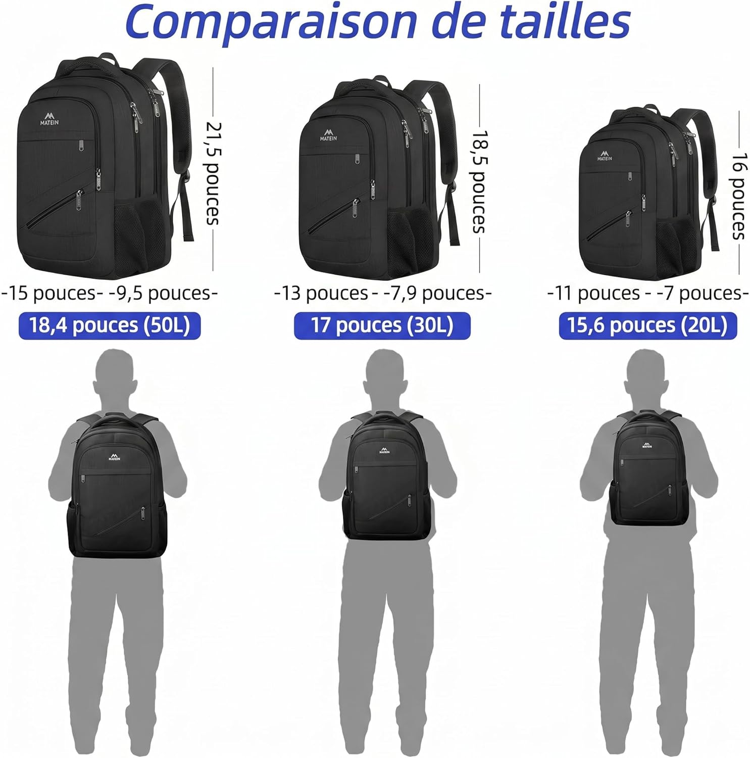 Detalle 2 de MATEIN MATIN Sac à dos pour ordinateur portable 17 pouces, 30 L, imperméable et anti-vol (USB, sangle bagage) – Noir