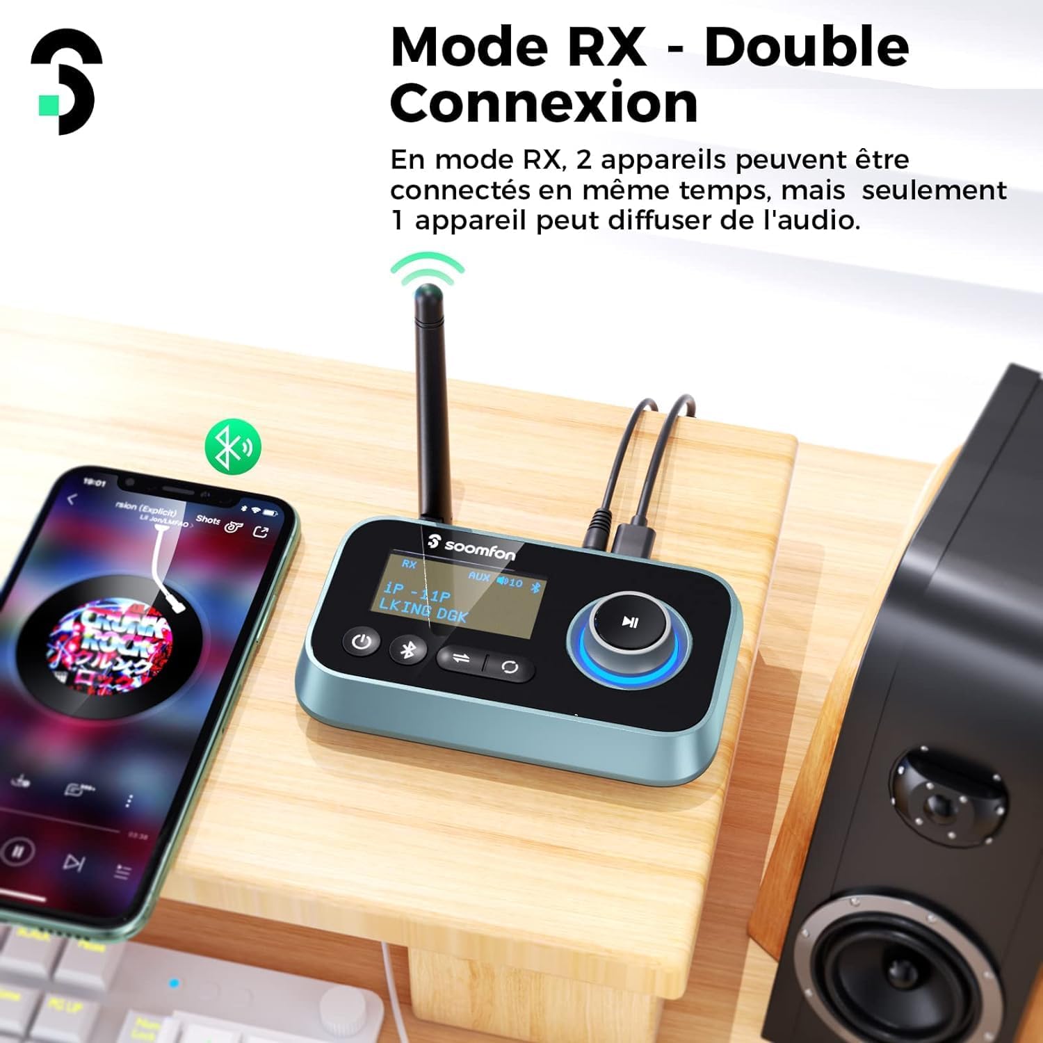 Thumbnail 1 de SOOMFON Émetteur-Récepteur Bluetooth 5.0 3 en 1 avec écran LCD — Transmetteur RX/TX et mode bypass