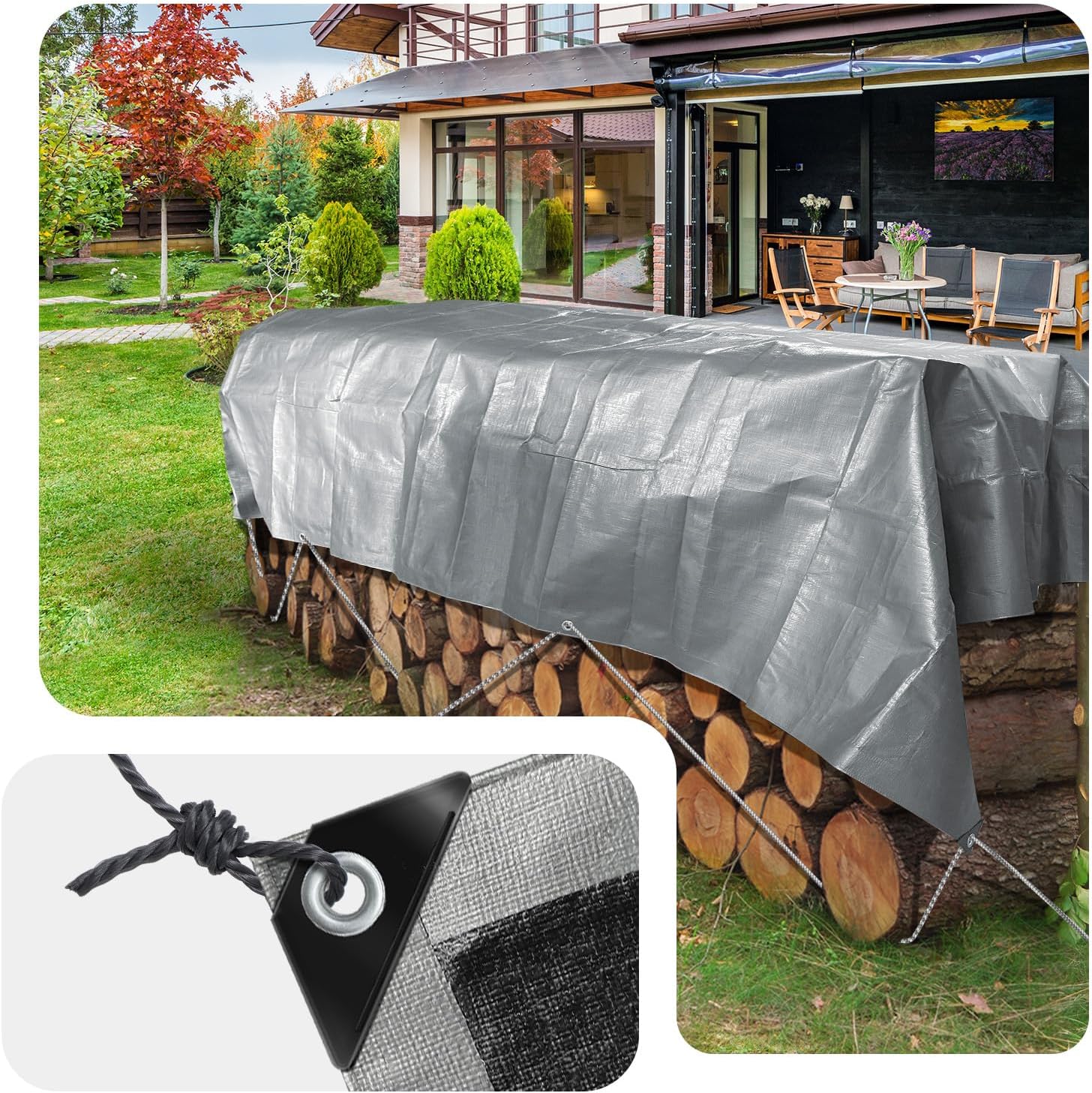 Detalle de VOUNOT Abdeckplane 2x3 m – 240 g/m², wasserdicht, beidseitig beschichtet, mit Ösen