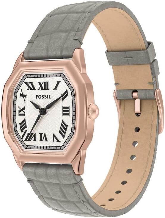 Detalle de Fossil Harlow Damenuhr – Roségold, Quadrat-Design, Quarz-Dreizeigerwerk, graues Lederarmband
