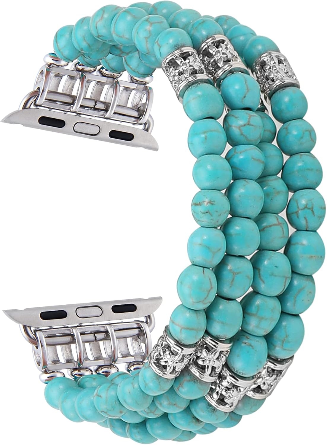 Detalle de GEMEK Turquoise Pearl Beaded Elastic Apple Watch Strap (42–49mm) – Handmade Stretch Bracelet