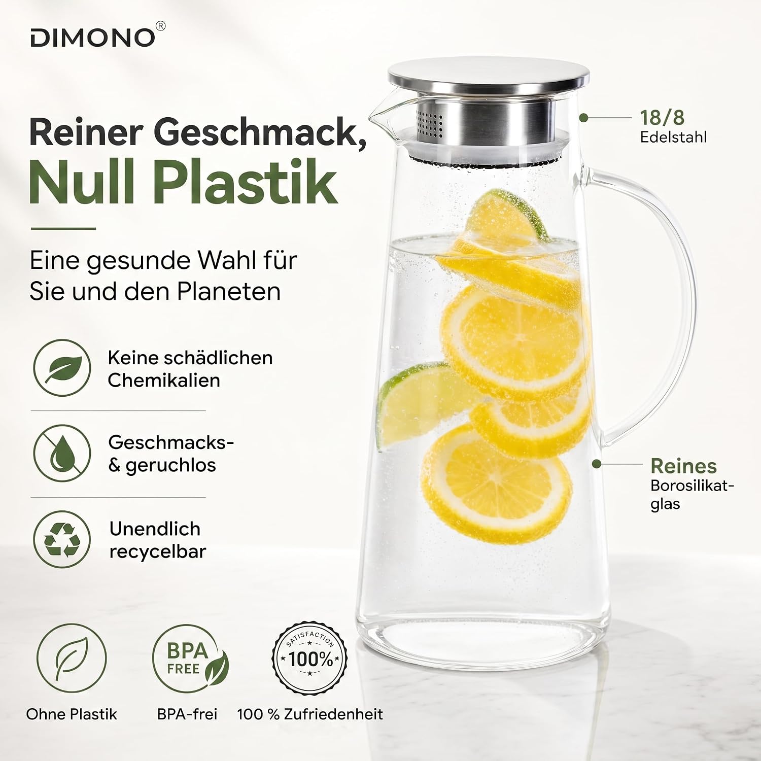 Thumbnail 6 de Dimono Glass Water Jug, 1.5L Borosilicate Carafe with Stainless Steel Filter