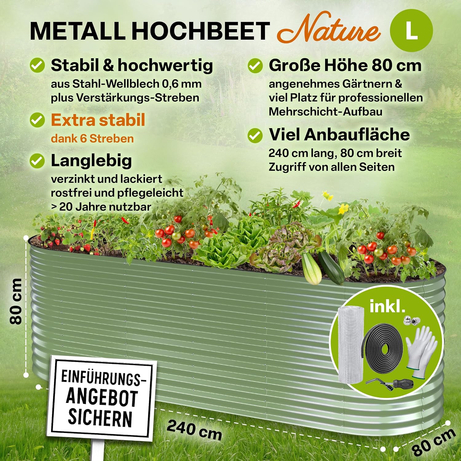 Detalle 2 de TTL GARDEN Nature L Metall-Hochbeet 240x80x80 cm (salbei-grün) – verzinkt & lackiert mit Ungeziefer-Draht