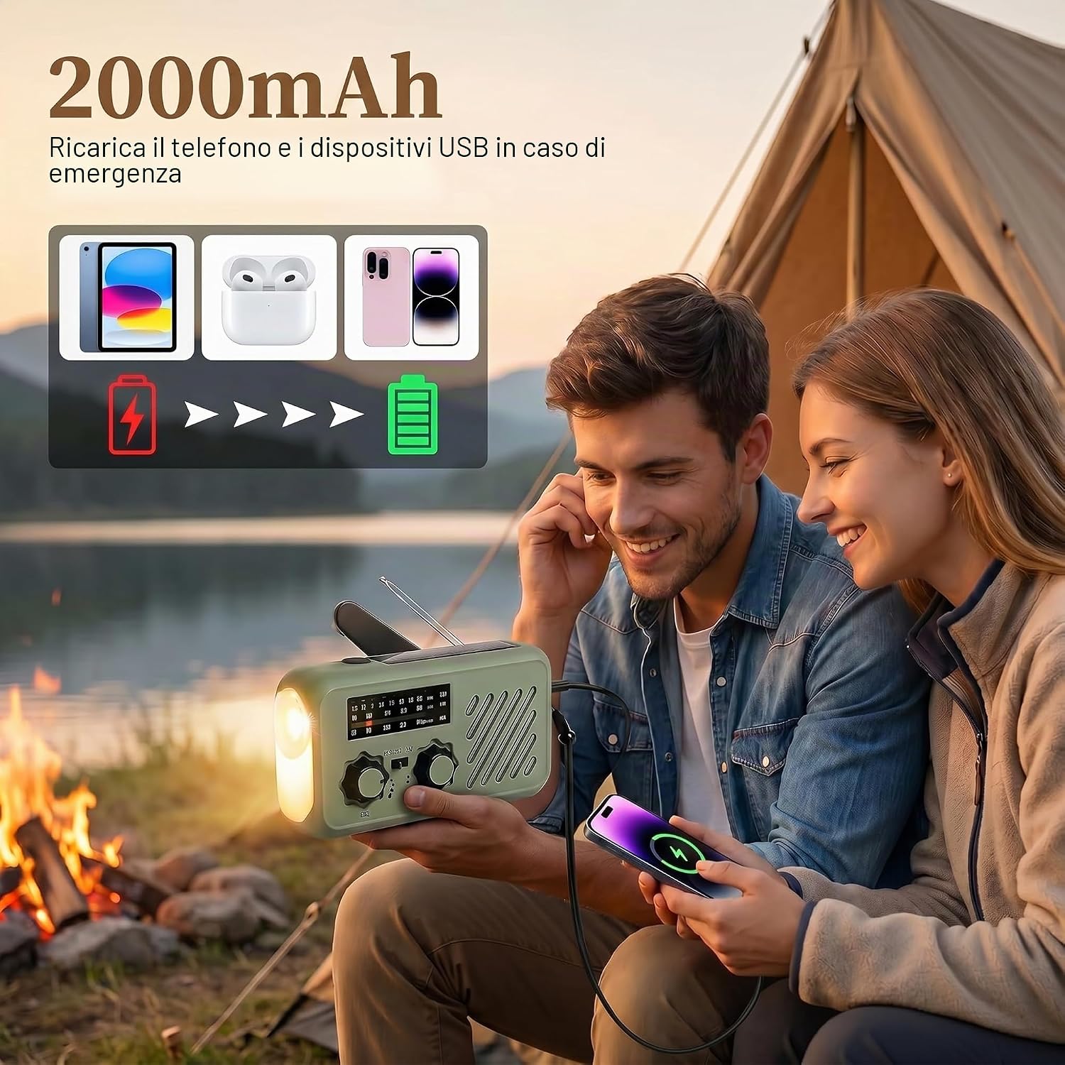 Thumbnail 1 de Radio di emergenza portatile con alimentazione solare e manovella: 2000 mAh, allarme SOS e torcia 3W