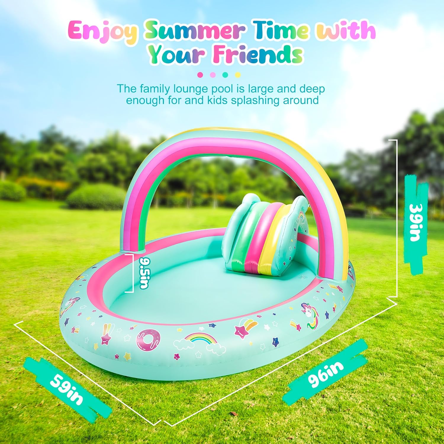 Detalle 2 de SULIFEEL Rainbow Unicorn Inflatable Play Center: 96'' x 59'' x 39'' Kiddie Pool with Slide and Sprinkler