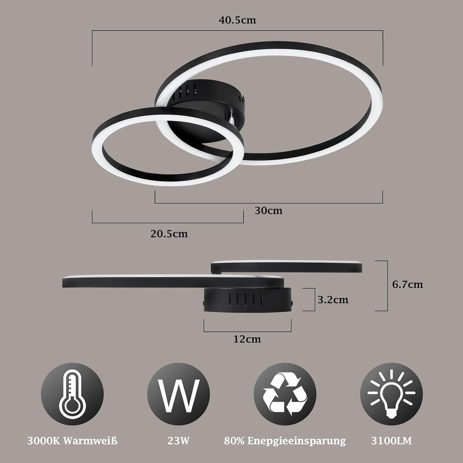 Detalle de Homefire Deckenlampe 2-Ringe Design, 40 cm, 23W, 3000K Warmweiß – moderne LED-Deckenleuchte für Wohnzimmer, Küche, Schlafzimmer