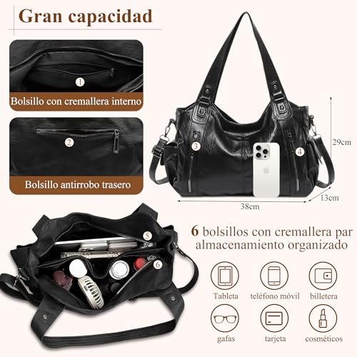 Detalle de Mabecol borsa donna shopper in PU nero, capiente con tracolla regolabile