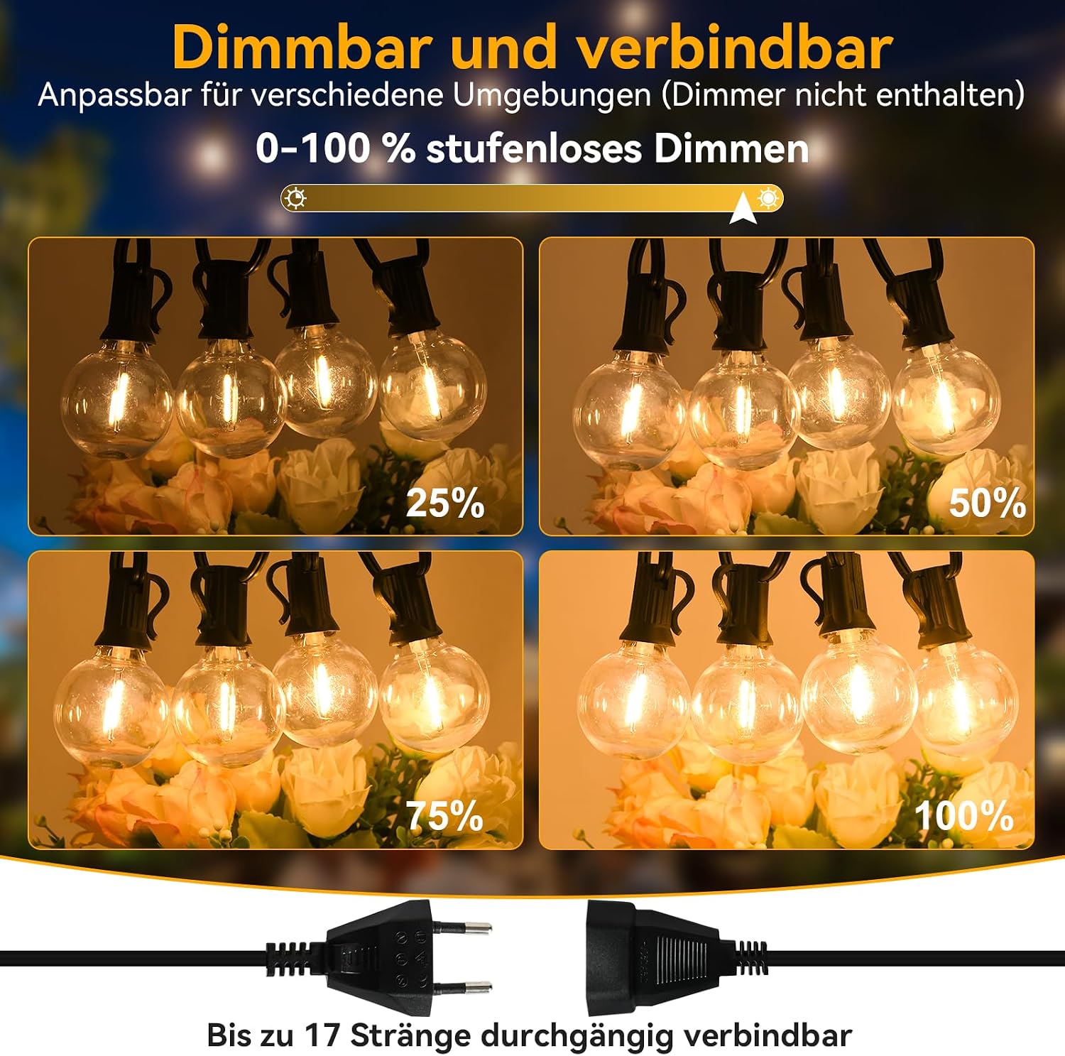 Detalle de AVANLO LED Lichterkette Außen 15 m – wetterfest & dimmbar kompatibel (30+2 Glühbirnen, IP44)