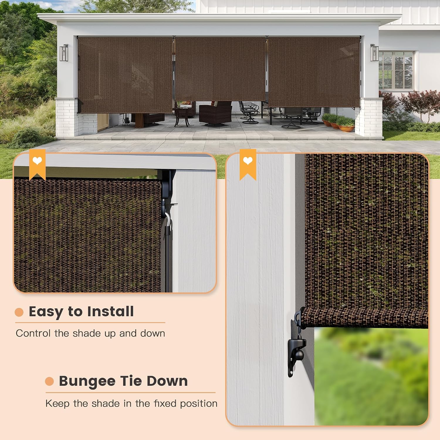 Detalle de VICLLAX SRMOB Outdoor Roller Shade, 8' x 8', Cordless Crank, Mocha
