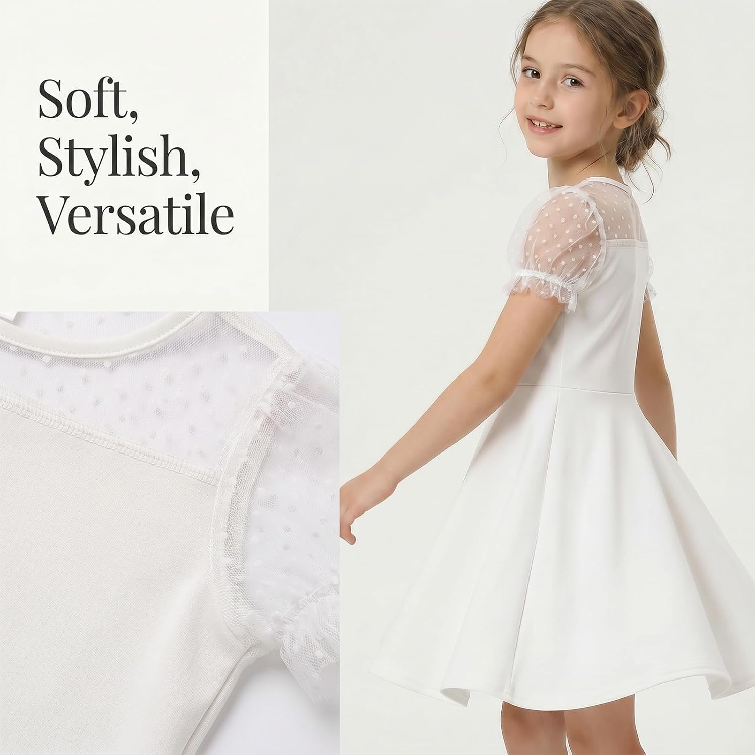 Detalle de JiAmy Girls Summer Dress with Puff Sleeves and Tulle Patchwork – A-Line Knee Length Party Dress (5–14 Years)