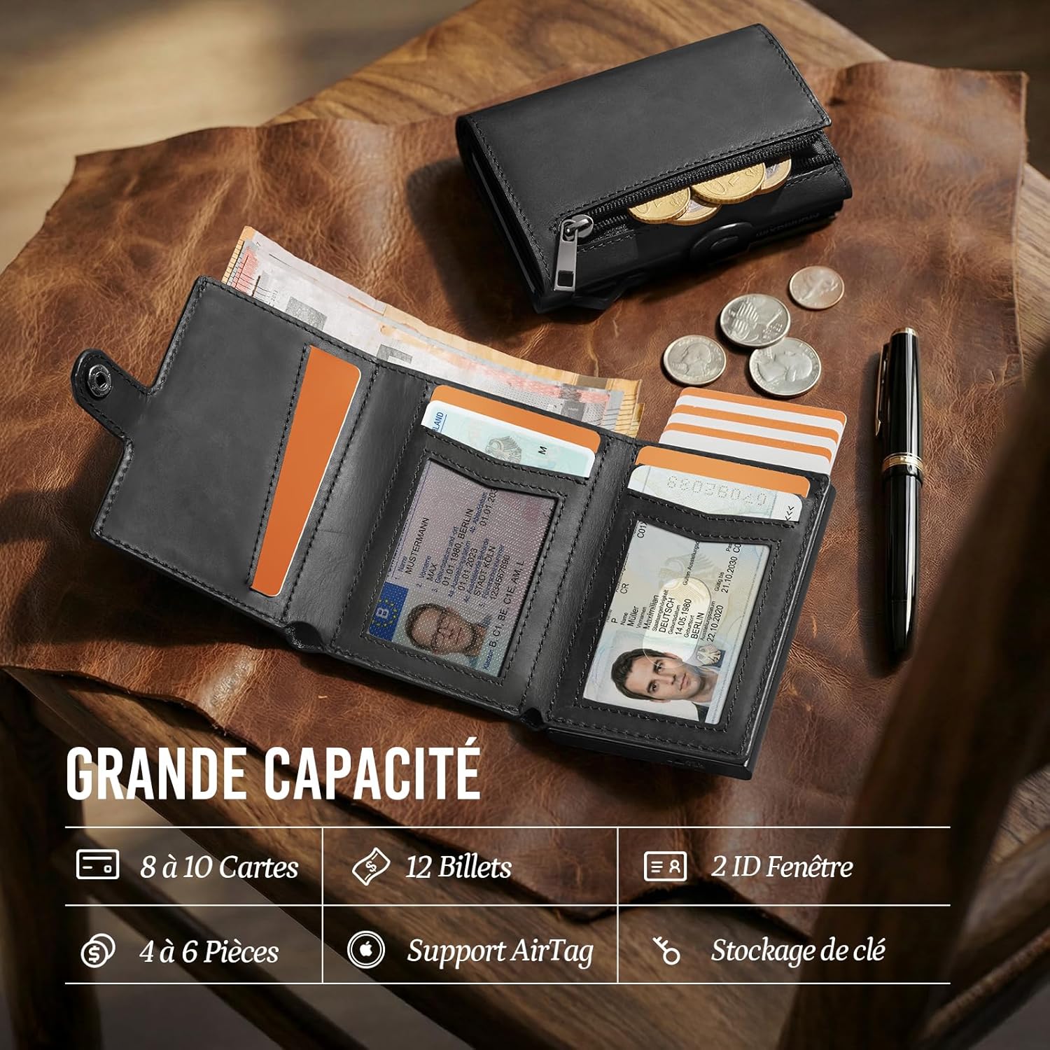 Detalle de YESIIW Porte Carte Airtag en cuir véritable – Pop-up, RFID et emplacement AirTag