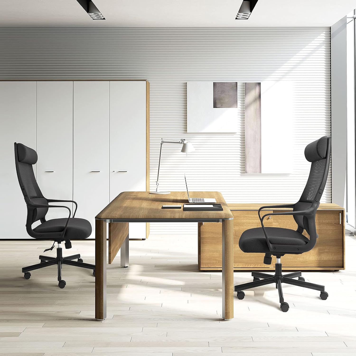 Detalle 2 de MELOKEA Schreibtischstuhl: Ergonomischer Bürostuhl mit verstellbarer Lordosenstütze, Kopfstütze und Hoher Rückenschonung – Schwarz