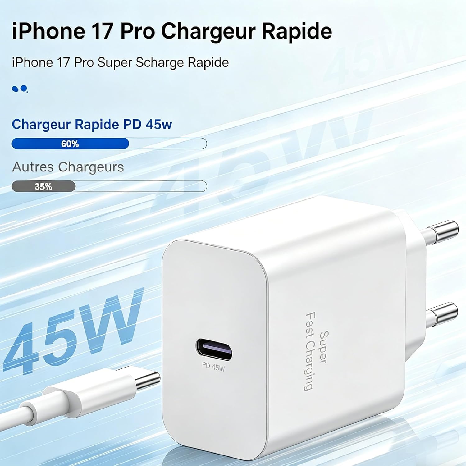 Thumbnail 1 de Chargeur USB‑C 45 W Yievis + câble USB‑C 2 m / 3 m pour iPhone 17 Pro Max, iPhone 16/15, iPad et Samsung Galaxy S