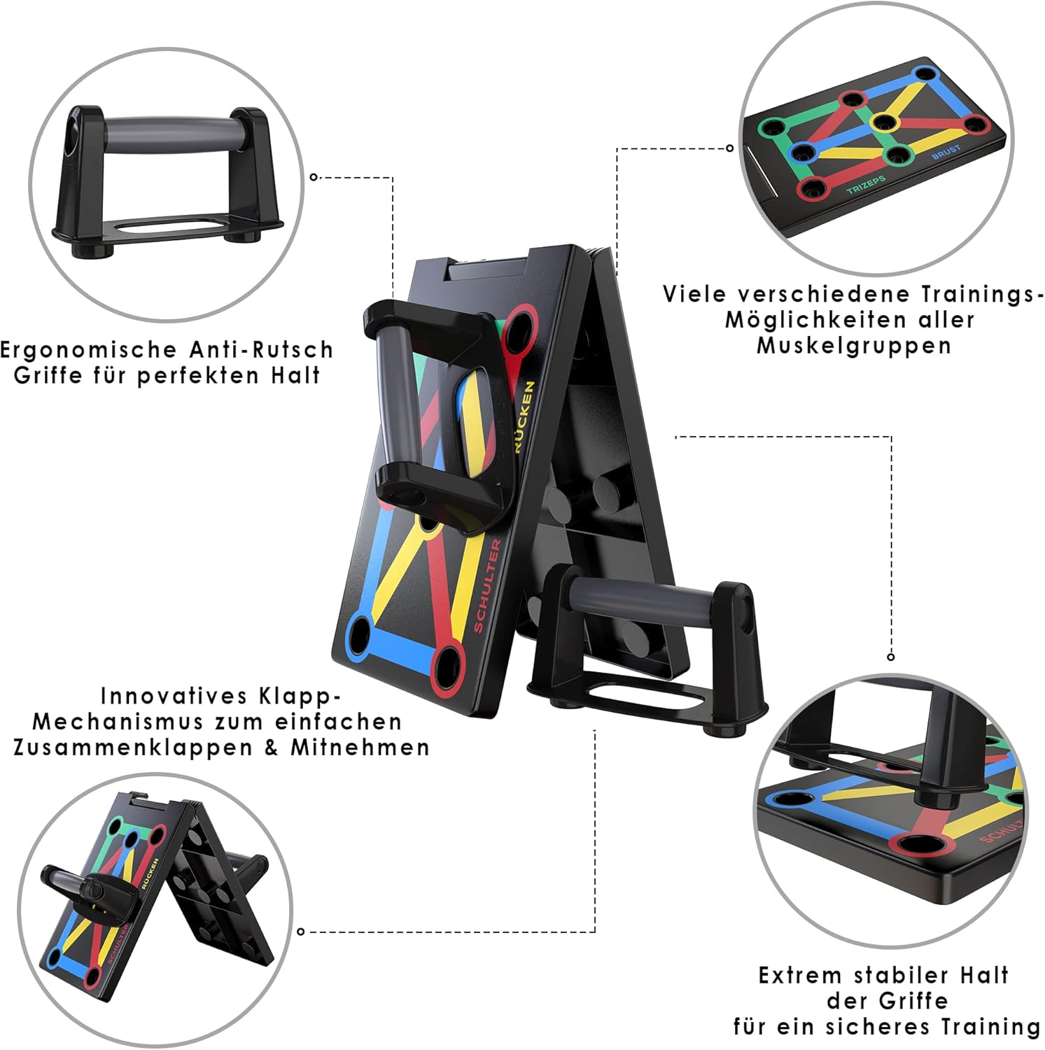 Detalle de ALPHASKIN Liegestützbrett Set mit Griffen (9-in-1) – klappbar & Anti-Rutsch für Brust, Schulter, Rücken & Trizeps
