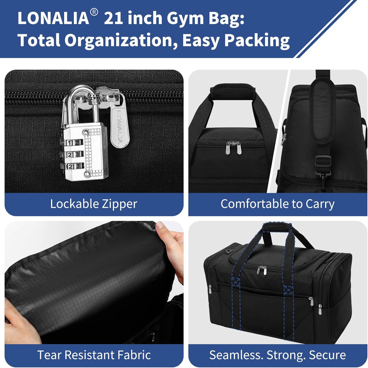Thumbnail 4 de LONALIA Sac de Sport 45L avec Poche Humide et Compartiment à Chaussures – Noir