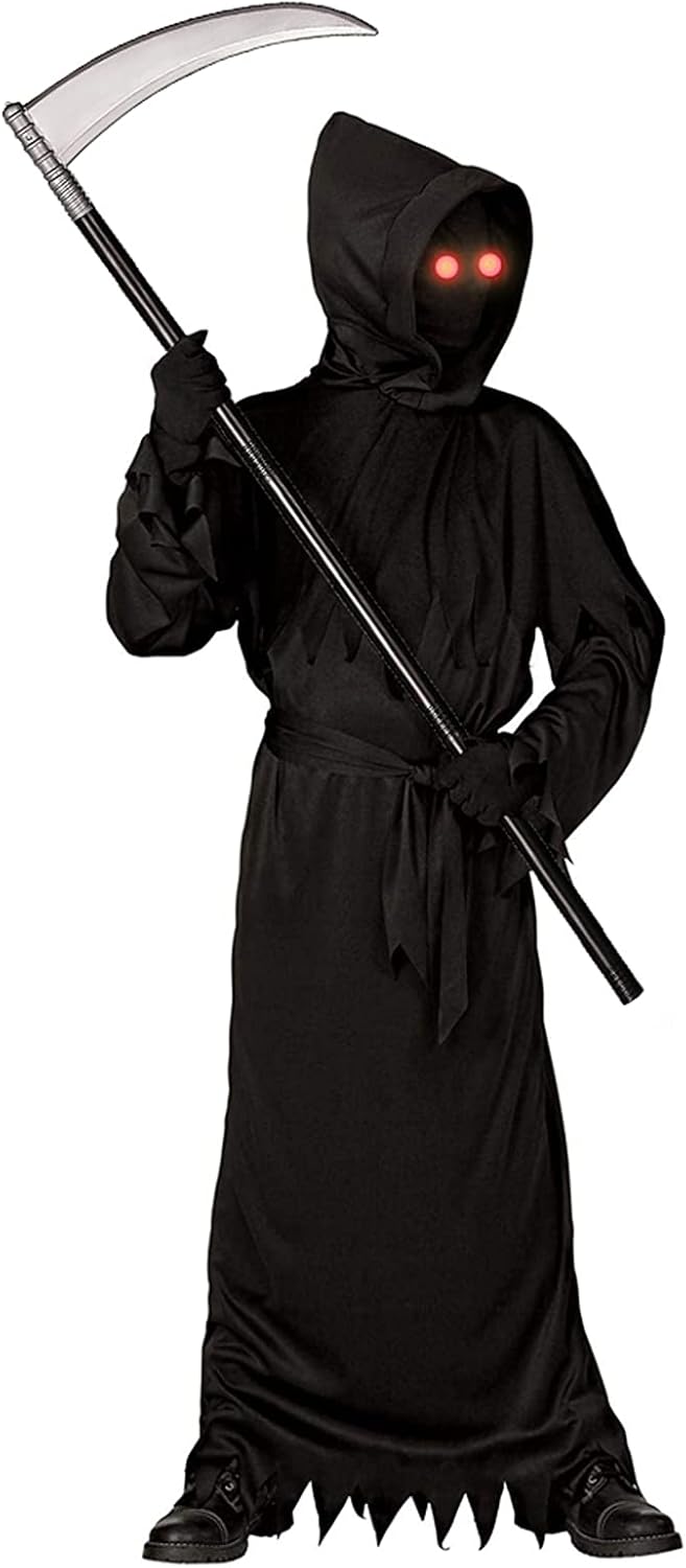 Detalle 2 de Lomesion Grim Reaper Halloween Costume for Kids with Glowing Red Eyes