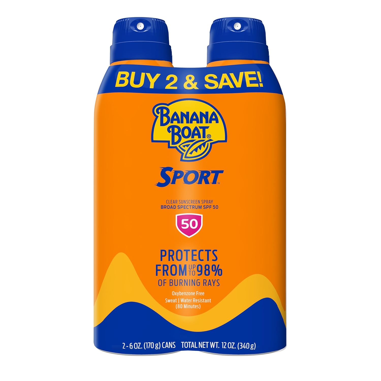 Banana Boat Sport SPF 50 Sunscreen Spray (6 oz, 2 Pack) — Broad-Spectrum, Sweat & Water Resistant